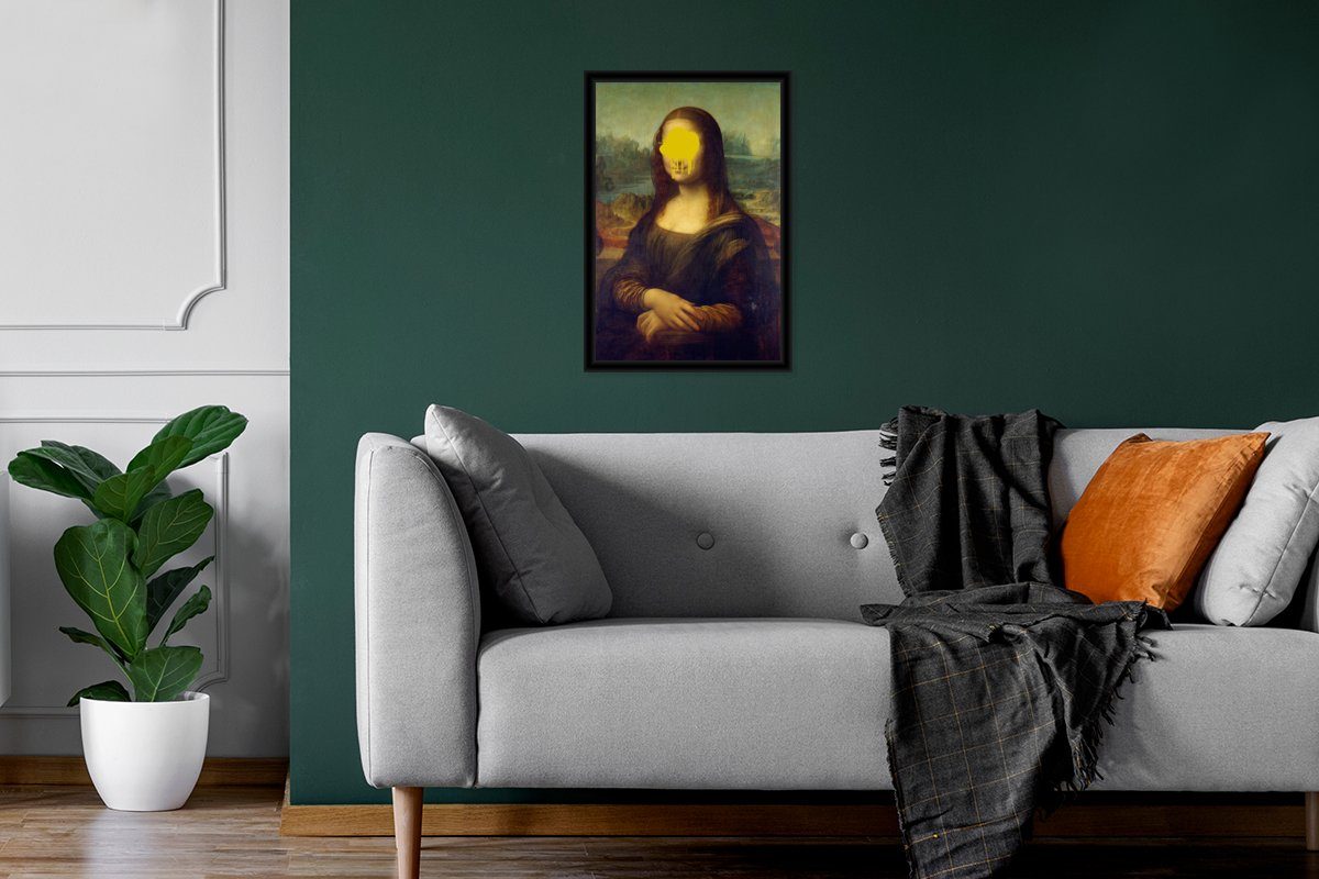 - Wandposter, Vinci Schwarzem - Gerahmtes Leonardo Poster Lisa Mona Poster, Bilder, MuchoWow St), Gelb, da (1 Bilderrahmen Wanddeko,