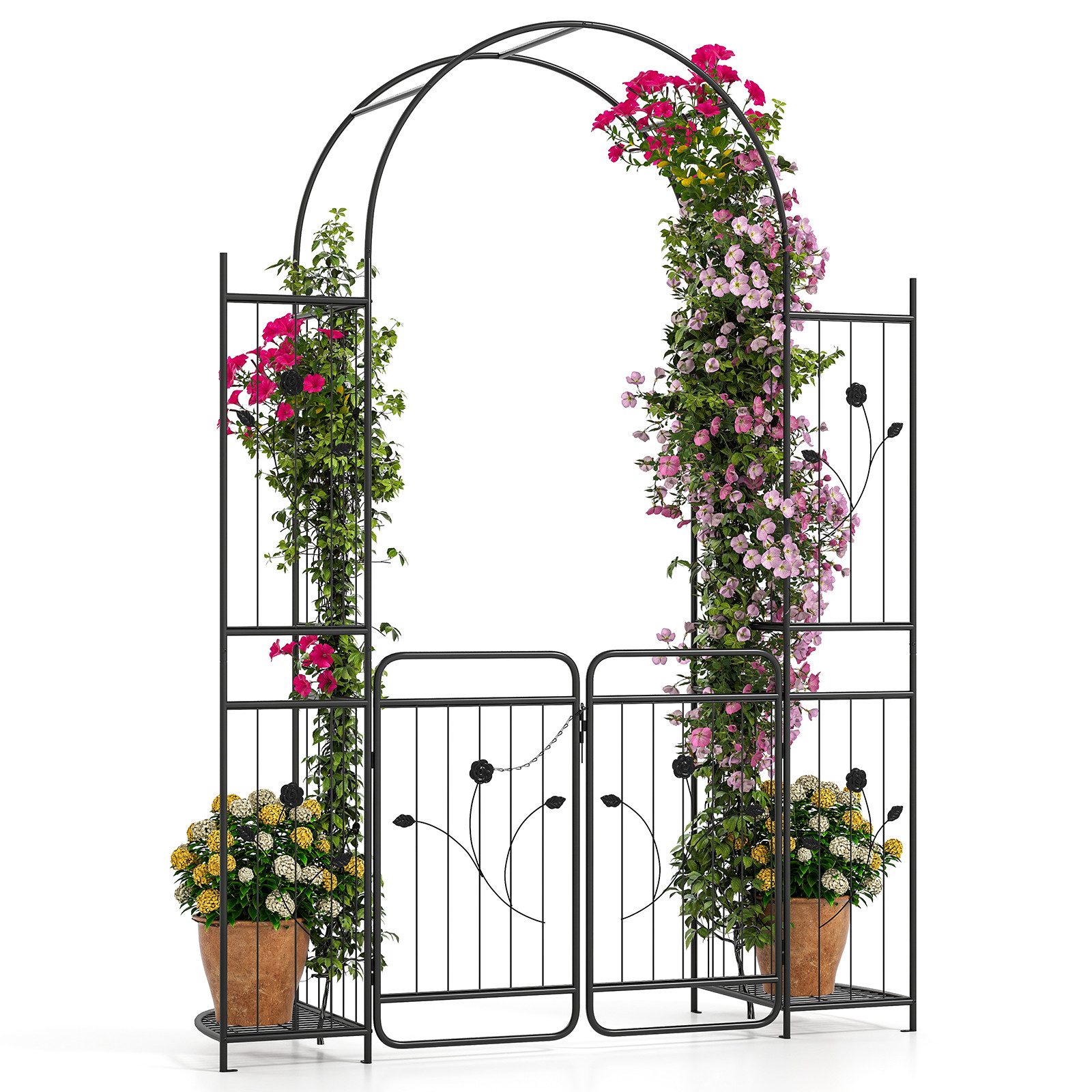 COSTWAY Rosenbogen, 1 St., Gartenbogen mit Tür, Spalier, 2 Ablagen, Rankhilfe für Kletterpflanzen