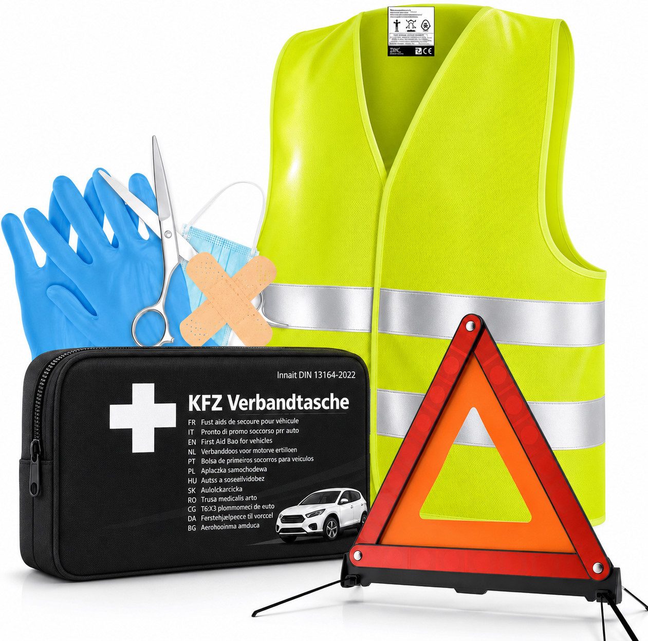POWR Car Erste-Hilfe-Set 3 in 1 Set Erste Hilfe - KFZ-Verbandskasten, Warnweste, Warndreieck, (Set, 1 St), DIN 13157:2021