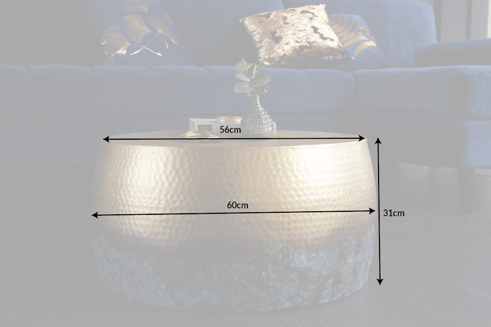 riess-ambiente Couchtisch ORIENT III Ø60cm gold / blau (Einzelartikel, 1-St), Wohnzimmer · rund · Metall mit Patina · Hammerschlag Design · handmade