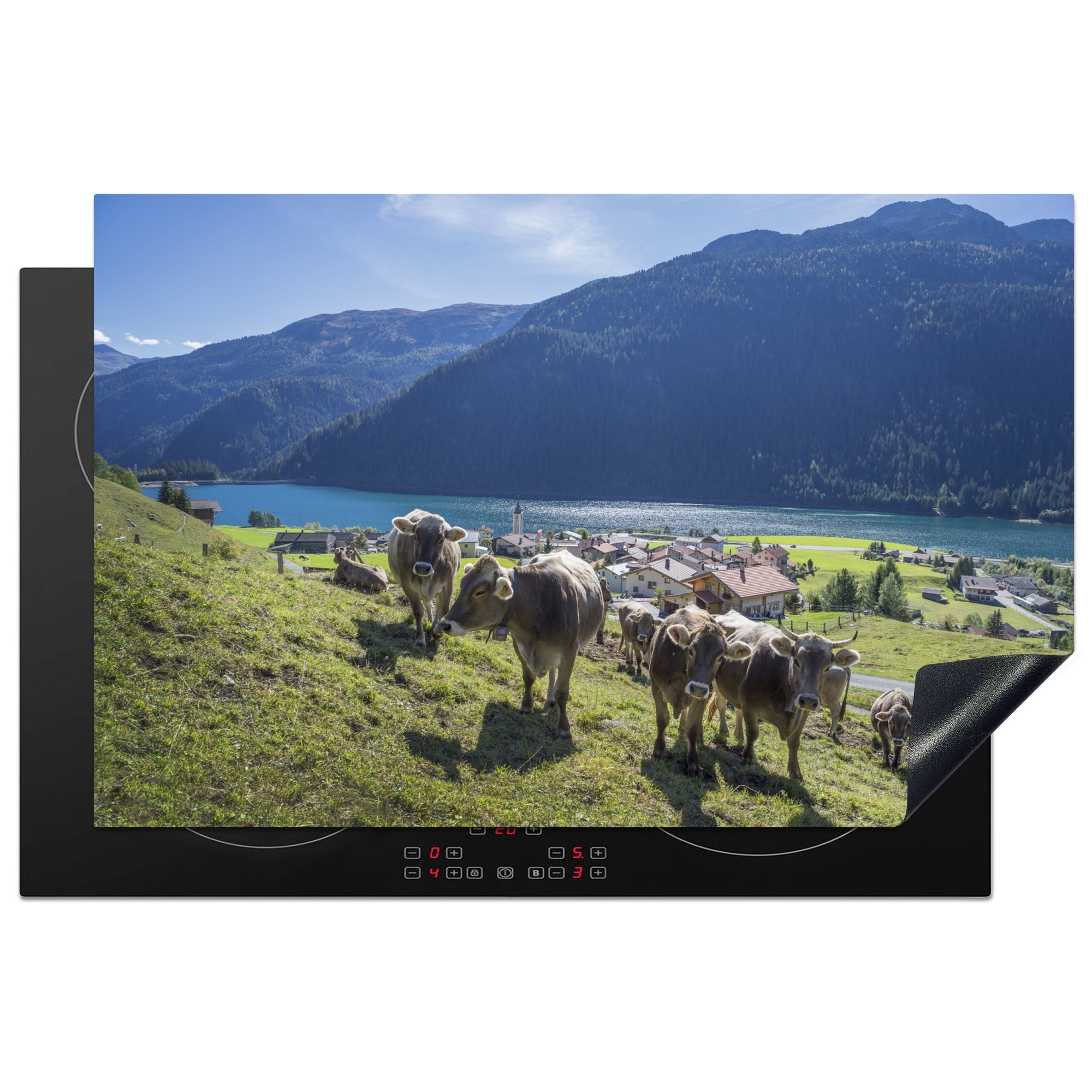 küche, 81x52 - - cm, tlg), MuchoWow Induktionskochfeld Alpen, Wasser Vinyl, Ceranfeldabdeckung (1 Schutz die Herdblende-/Abdeckplatte für Kühe