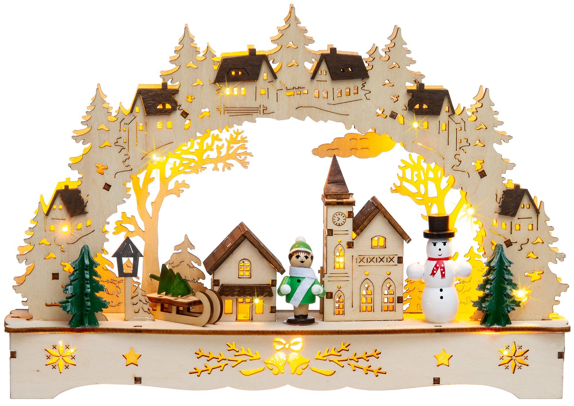 SIKORA Schwibbogen LB63s kleiner LED Holz Lichterbogen Dorfkirche mit Häusern B:27cm, batteriebetrieben - sanft beleuchtet für sinnliche Weihnachten