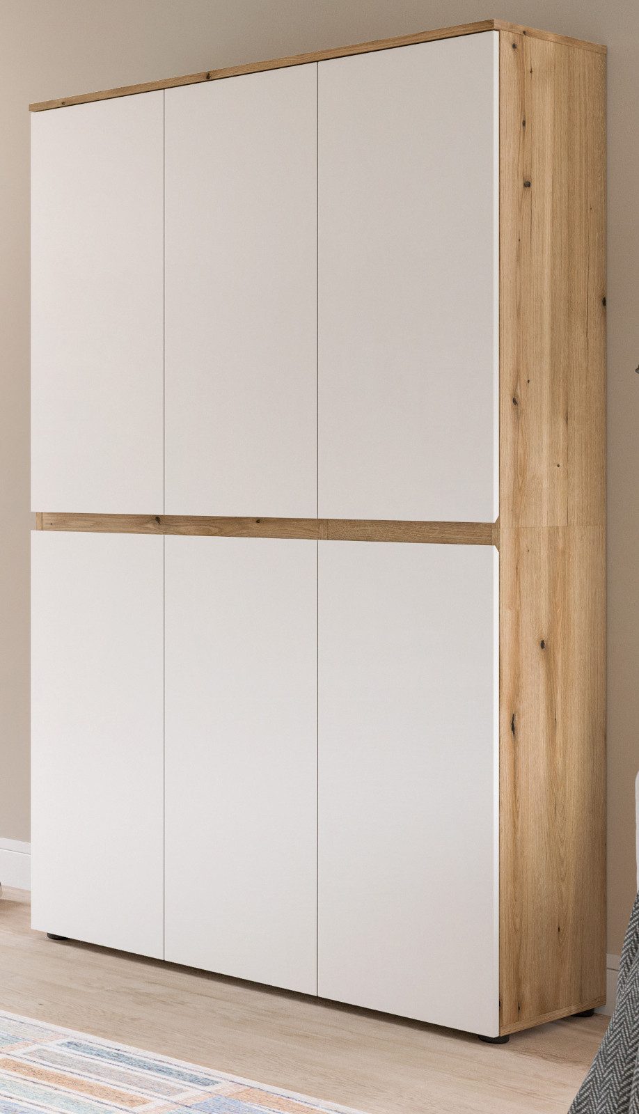 Inn.Furn Mehrzweckschrank Assino (Garderoben- und Schuhschrank in Weiß und Eiche, 6-türig, 105 x 175 cm) variabel einrichtbar, 14 Einlegeböden und Kleiderstange