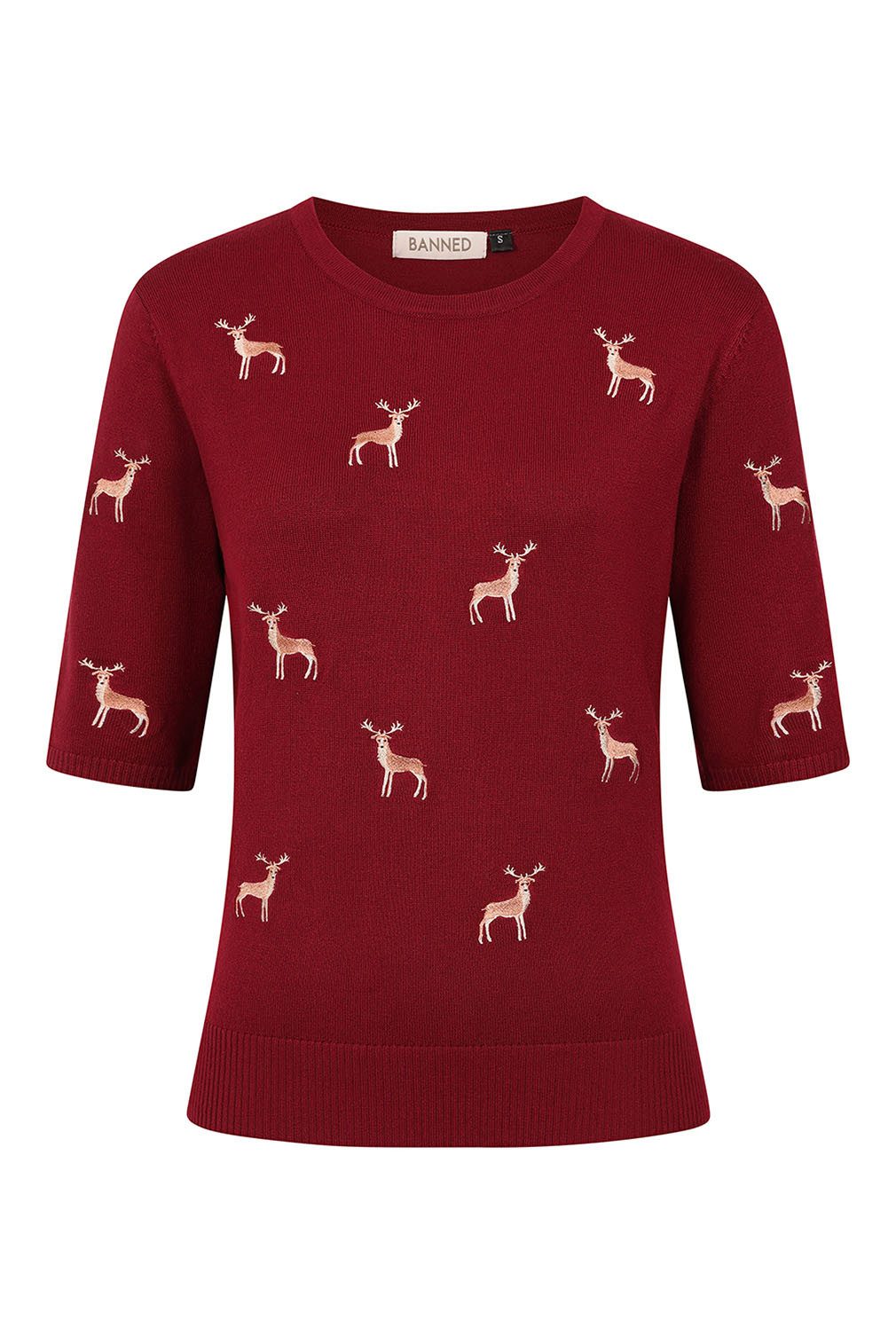 Banned Kurzarmpullover Ruby Sweet Deer Braun Vintage Rockabilly Reh Hirsch