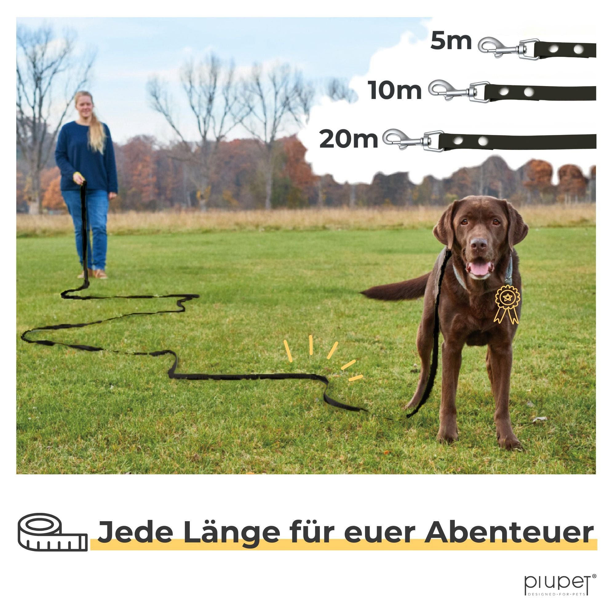 Piupet Schleppleine Schleppleine für Hunde 5m I 10m I 20m I Wasserabweisend I Hundeleine, Längenverstellbar