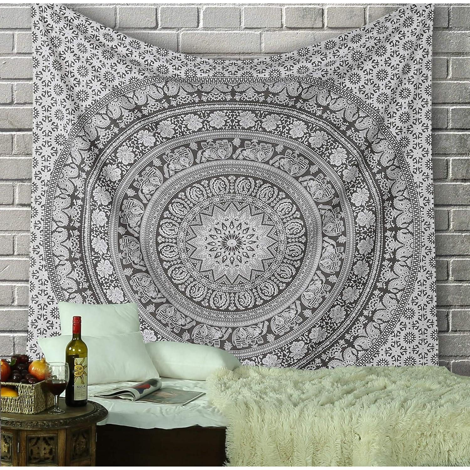 LuxusKollektion Wandteppich Wandteppich Mandala Elefant Boho Schwarz Kieselgrau 228L x 274B cm