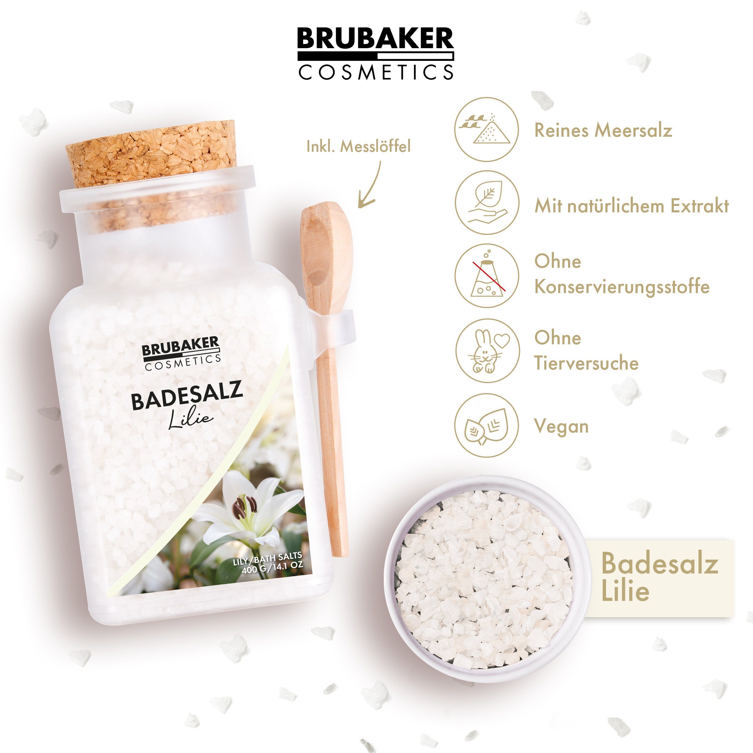 BRUBAKER Badesalz Lilien Duft - Badezusatz mit natürlichen Extrakten, 3-tlg., Wellness Baden für Entspannung, Erholung und Körperpflege