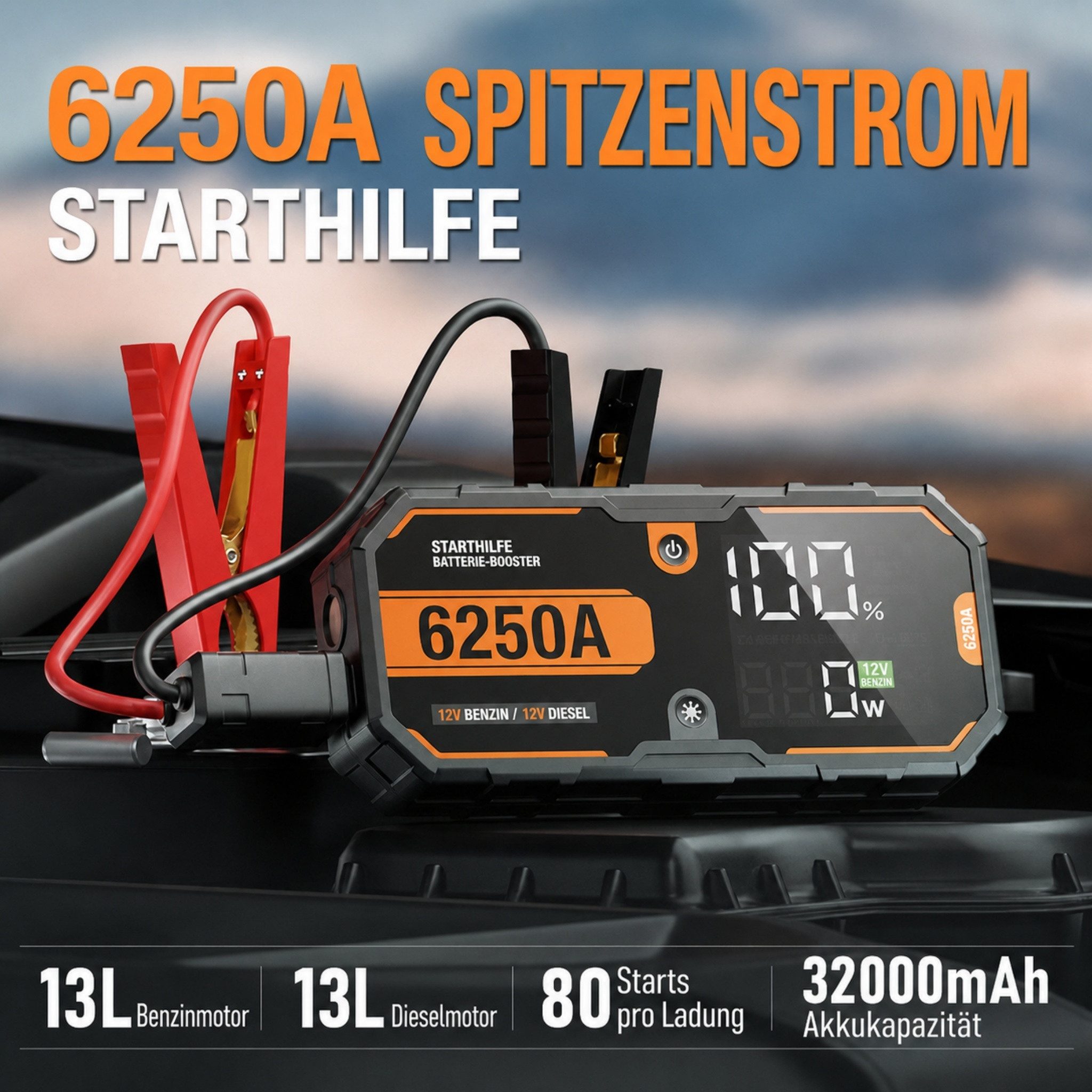 Blossom Auto-Starthilfe 6250A mit Powerbank, 3,7" LED-Display, 18W USB-C PD Starthilfegerät 32000 mAh (12 V), LED-Licht, 12V Batteriestarter für Benzin- & Dieselmotoren bis 13L