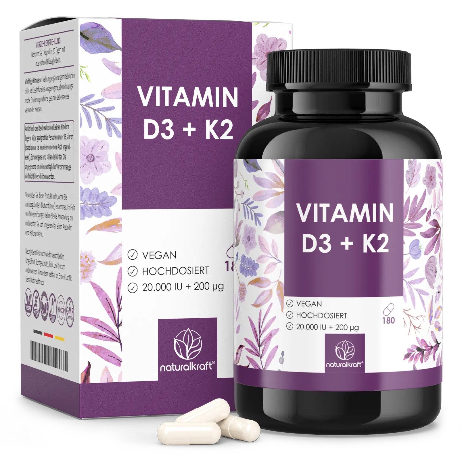 Naturalkraft Vitamin D3 + K2, 20.000 IE + 200 mcg, 180 Stk. - Hochdosiert - Vegan Kapseln, 108 g