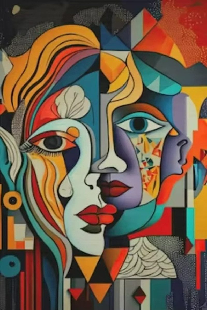 TPFLiving Kunstdruck (OHNE RAHMEN) Poster - Leinwand - Wandbild, Skandinavische abstrakte kubistische Picasso-Figuren Leinwand (Leinwandbild XXL), Farben: Orange, Blau, Rot, Weiß, Schwarz, Gelb -Größe: 30x40cm