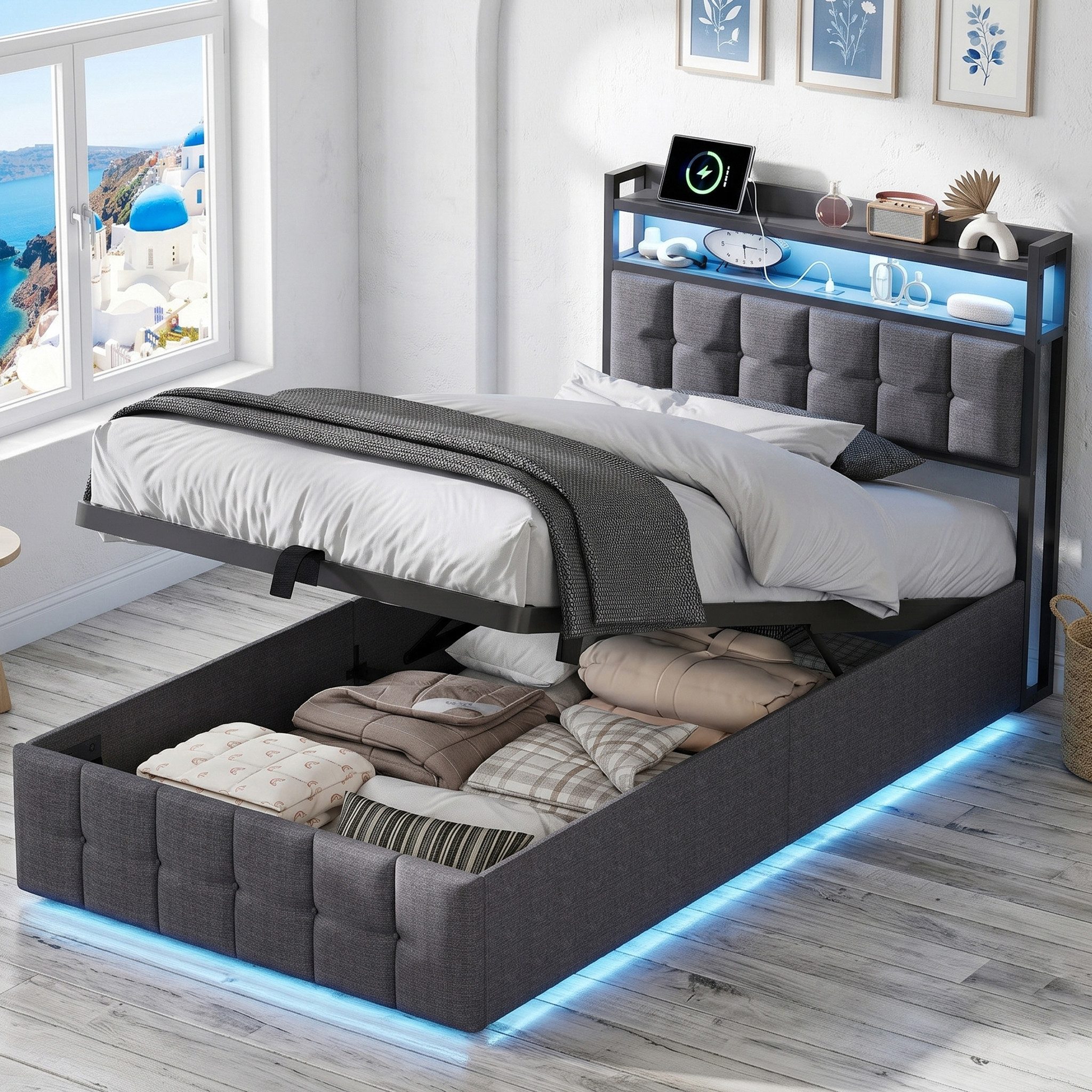 Yelenaro Polsterbett Stauraumbett Doppelbett Mit LED-Leuchten und USB+Typ C (Packung, 1-tlg), 90x200 cm,Leinenstoff,Mit Kopfteil und …