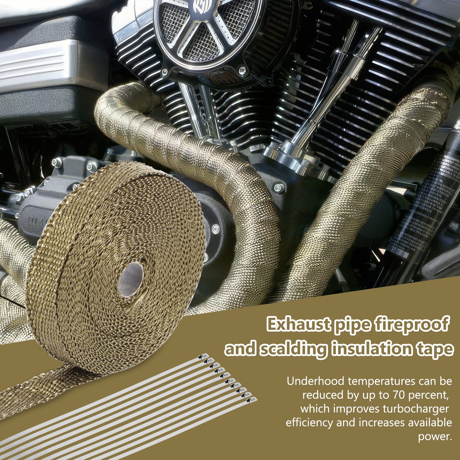BlingBin Auspuff-Flexrohr Hitzeschutzband Basaltfaser, 10M Auspuffband mit Kabelbindern, (Motorrad Auspuffisolierung, 2-tlg), Bogen, Verlängerung, T-Stück, Reinigungsrohr, Gelenkbogen, für Motorrad & Auto, Hochtemperatur Isolierung, Krümmerband
