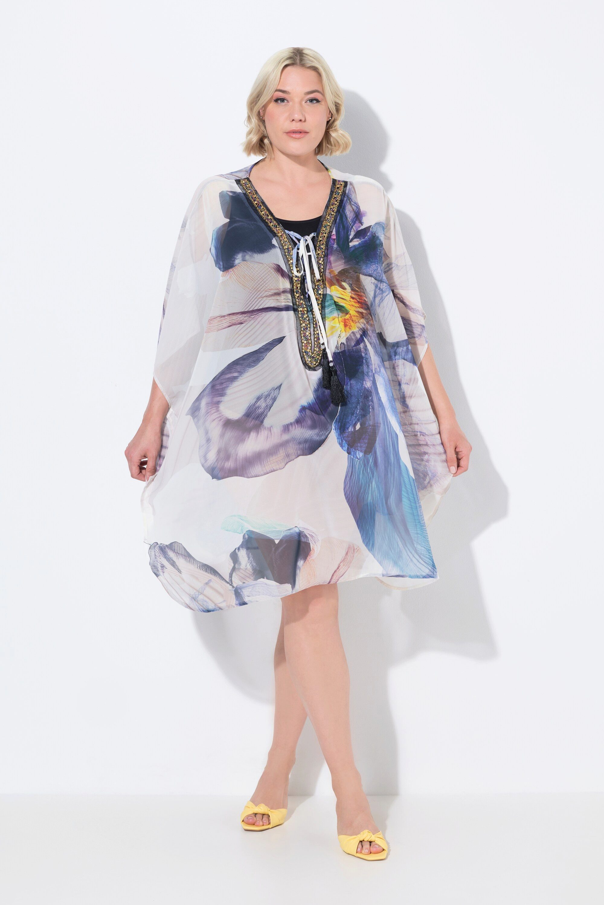 Jerseykleid Tunika Blüten V-Ausschnitt Schnürung Halbarm