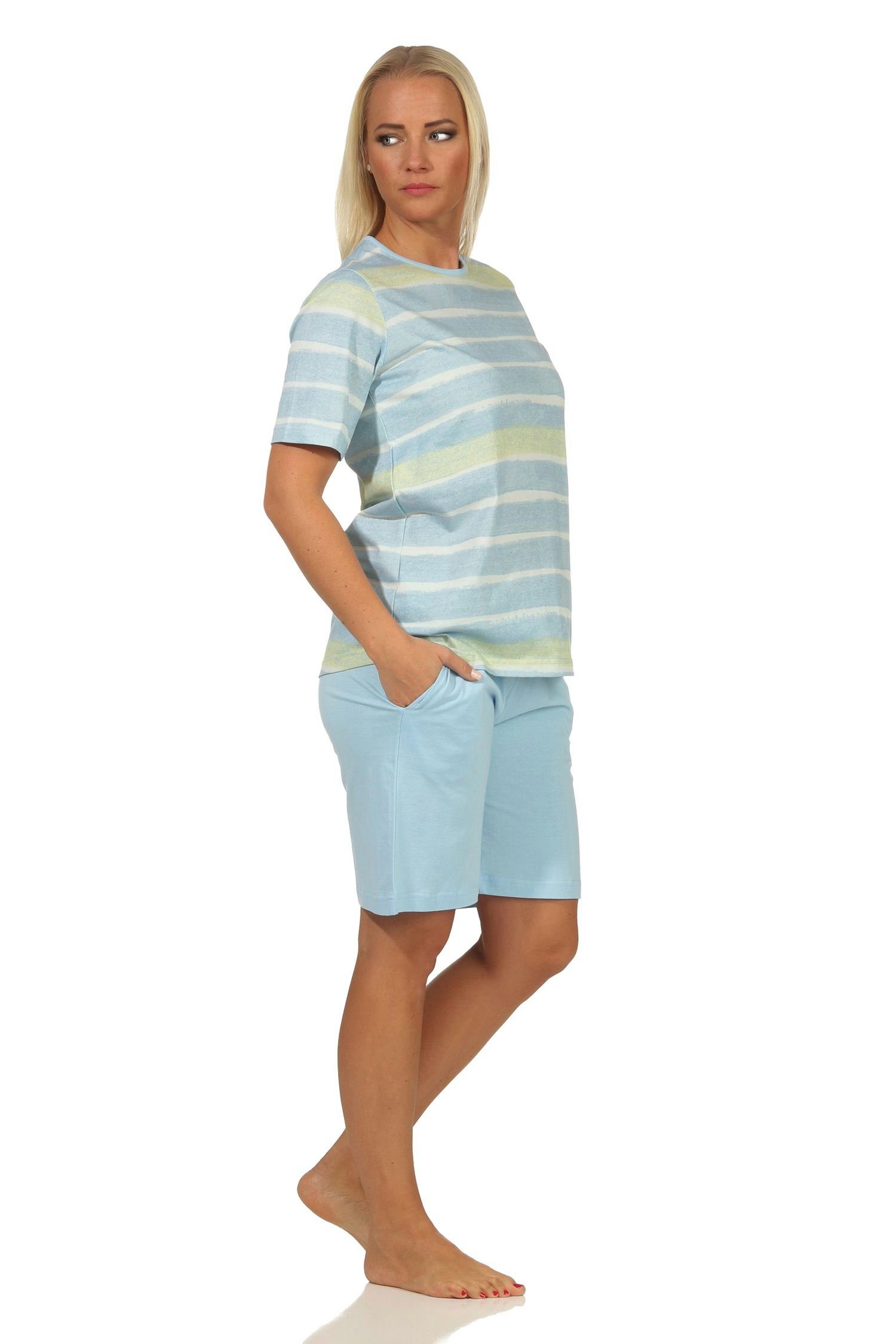 im Streifen farbenfrohen hellblau Damen kurzarm Schlafanzug Normann ShortyPyjama Pyjama Look