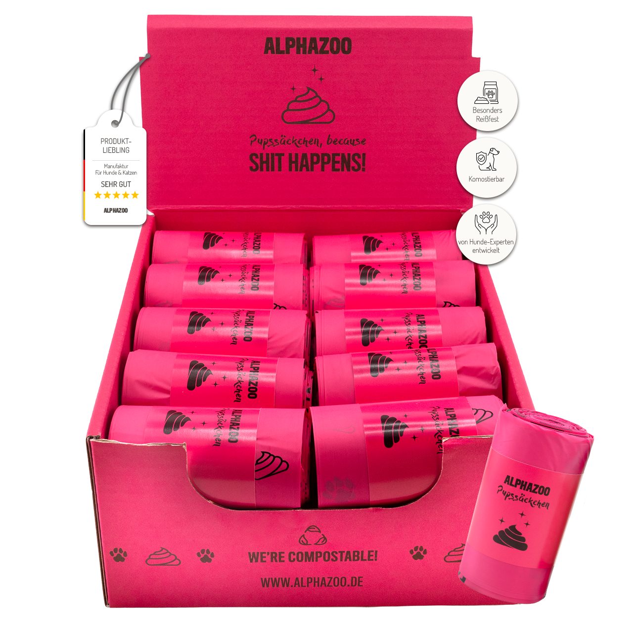 ALPHAZOO Hundekotbeutel Pupssäckchen Kotbeutel Pink 600 Stück, Kompostierbare Kotbeutel Hunde