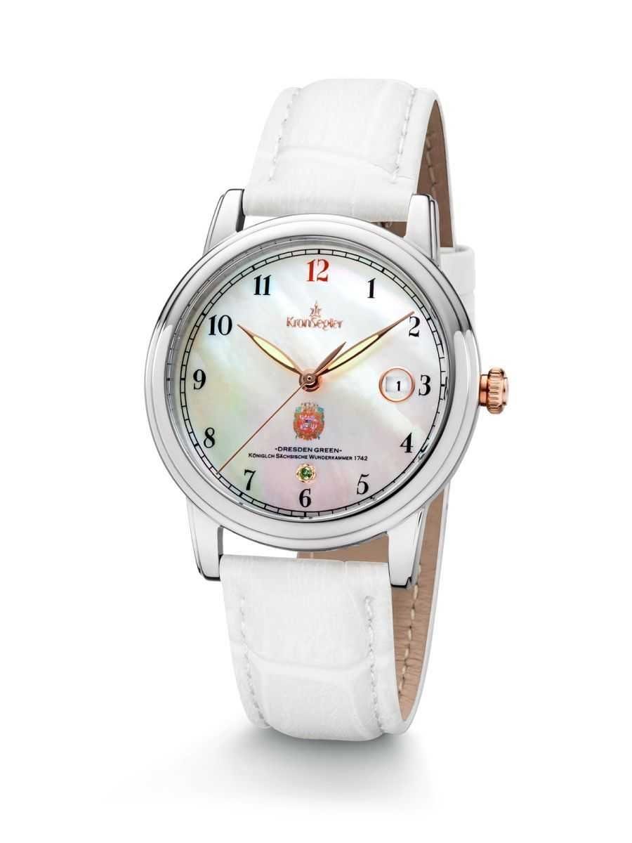 Kronsegler Quarzuhr Dresden Green II stahl-weiss Damenuhr Lederband 36 mm