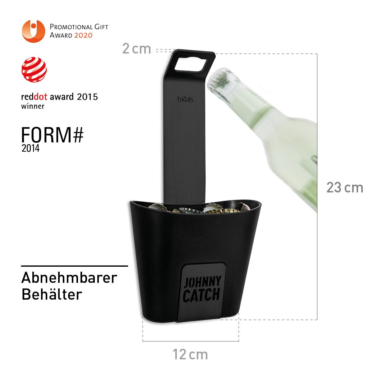 höfats Flaschenöffner JOHNNY CATCH Cup (fängt bis zu 60 Kronkorken, Bieröffner, Kapselheber, Wandflaschenöffner mit schraubenloser Montage)