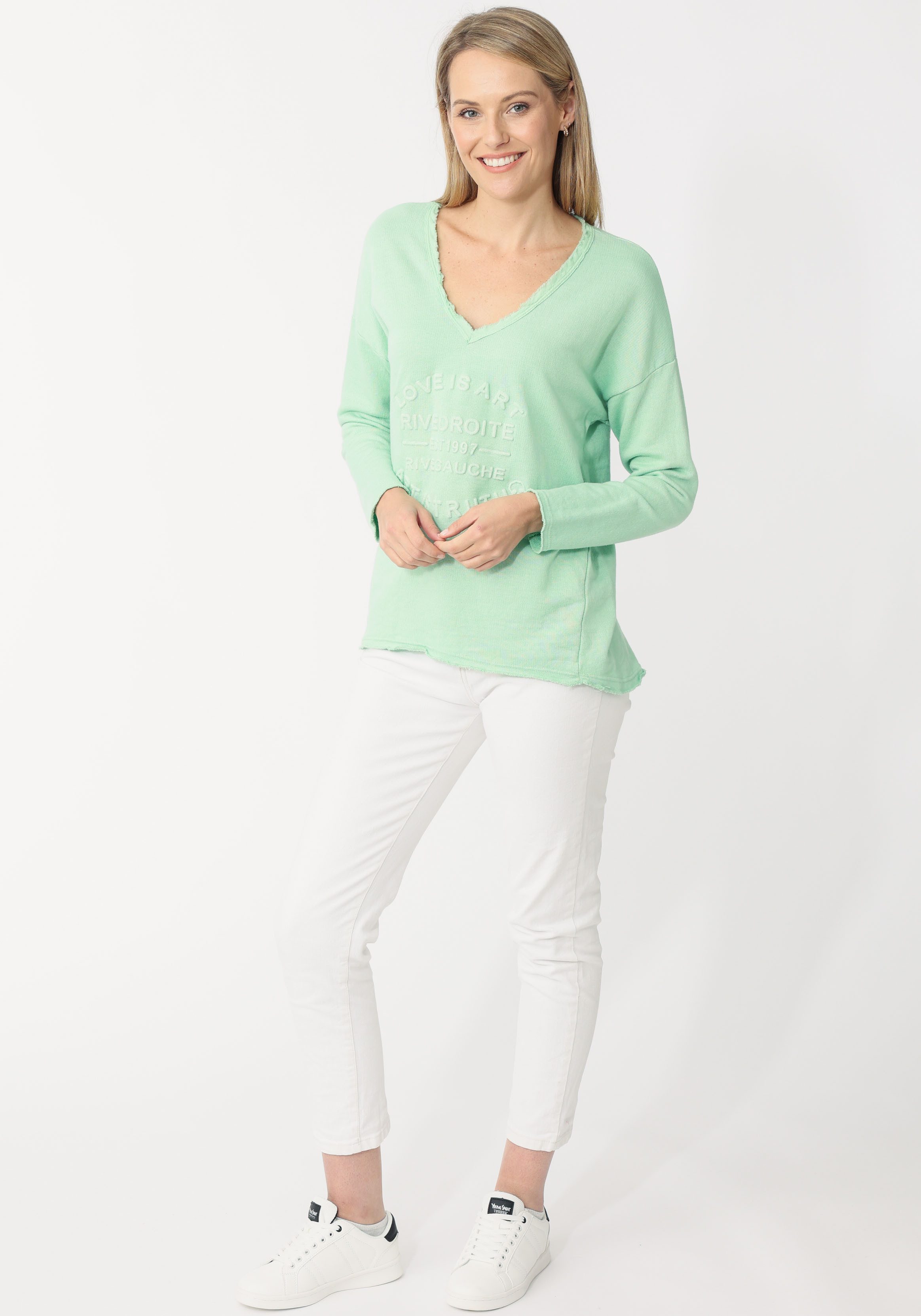 Zwillingsherz Sweatshirt ausgefranster V-Ausschnitt, Vintage Look, Langarm