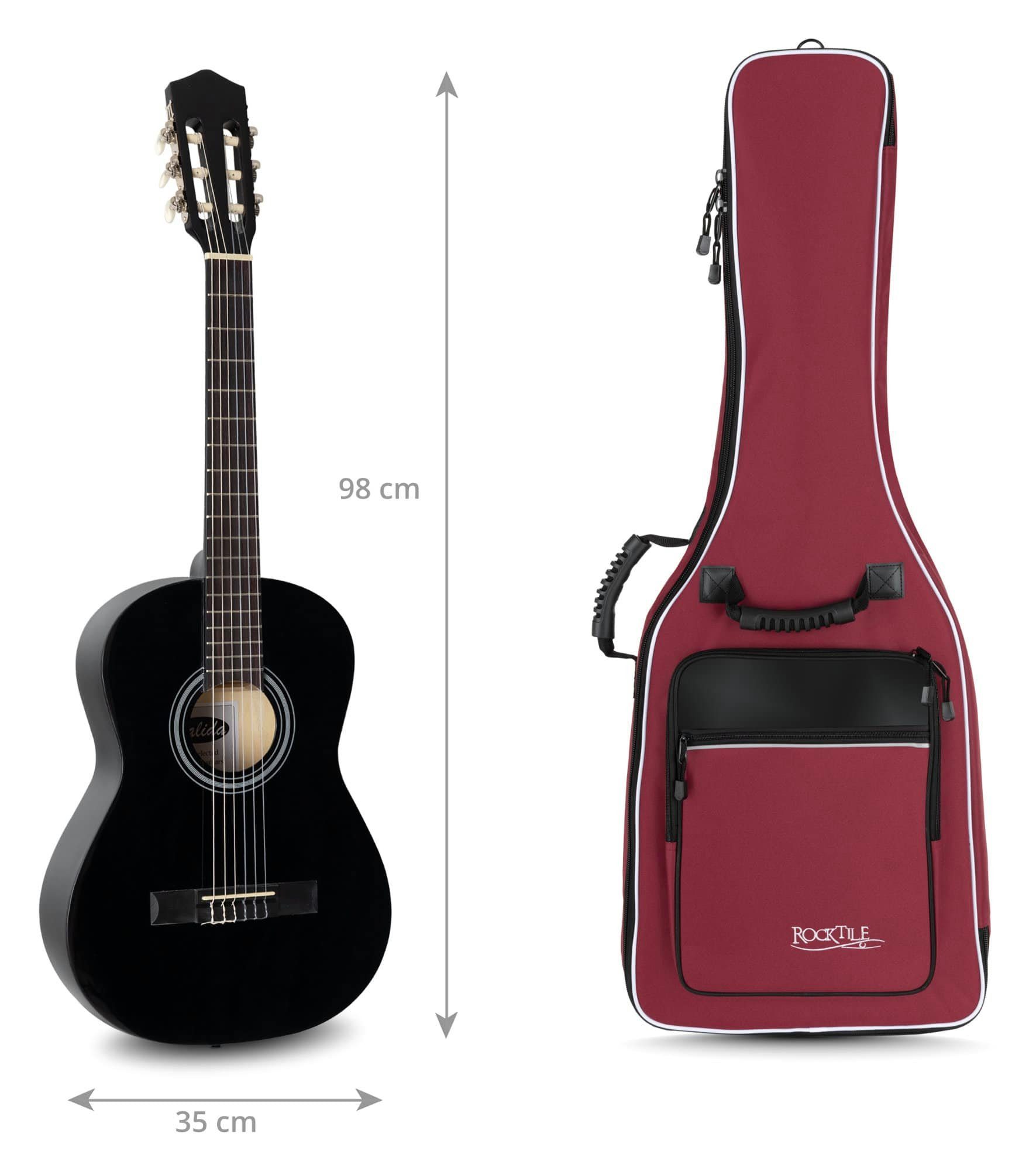 Rocktile Gitarrentasche Klassik-Gitarrentasche 3/4 und 7/8-Größe (Gigbag mit weicher Polsterung, inkl. 2 Fronttaschen für Noten/Zubehör), Ergonomisch geformter Komfort-Griff
