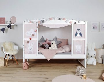 Ticaa Hausbett Hausbett mit Bettkasten "Amelie" Kiefer Weiß (Set, Hausbett mit Vorhangstoff), stellbar zu einem Einzelbett