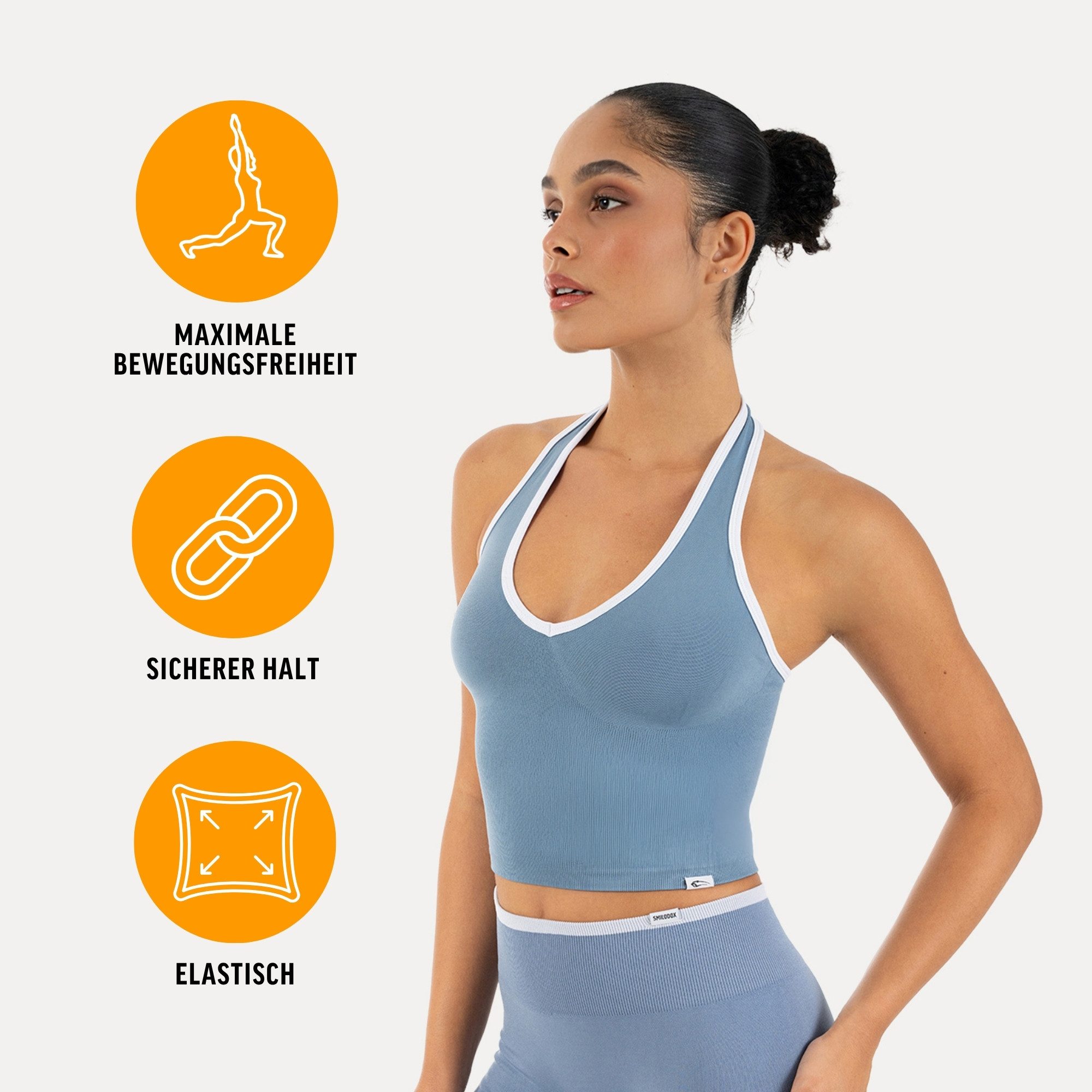 Smilodox Sport-BH Theda, Sport Top Damen Shaped Fit, Seamless, Gym & Freizeit Halterneck, V-Ausschnitt, Seamless, Stretch, Kontrastdetails