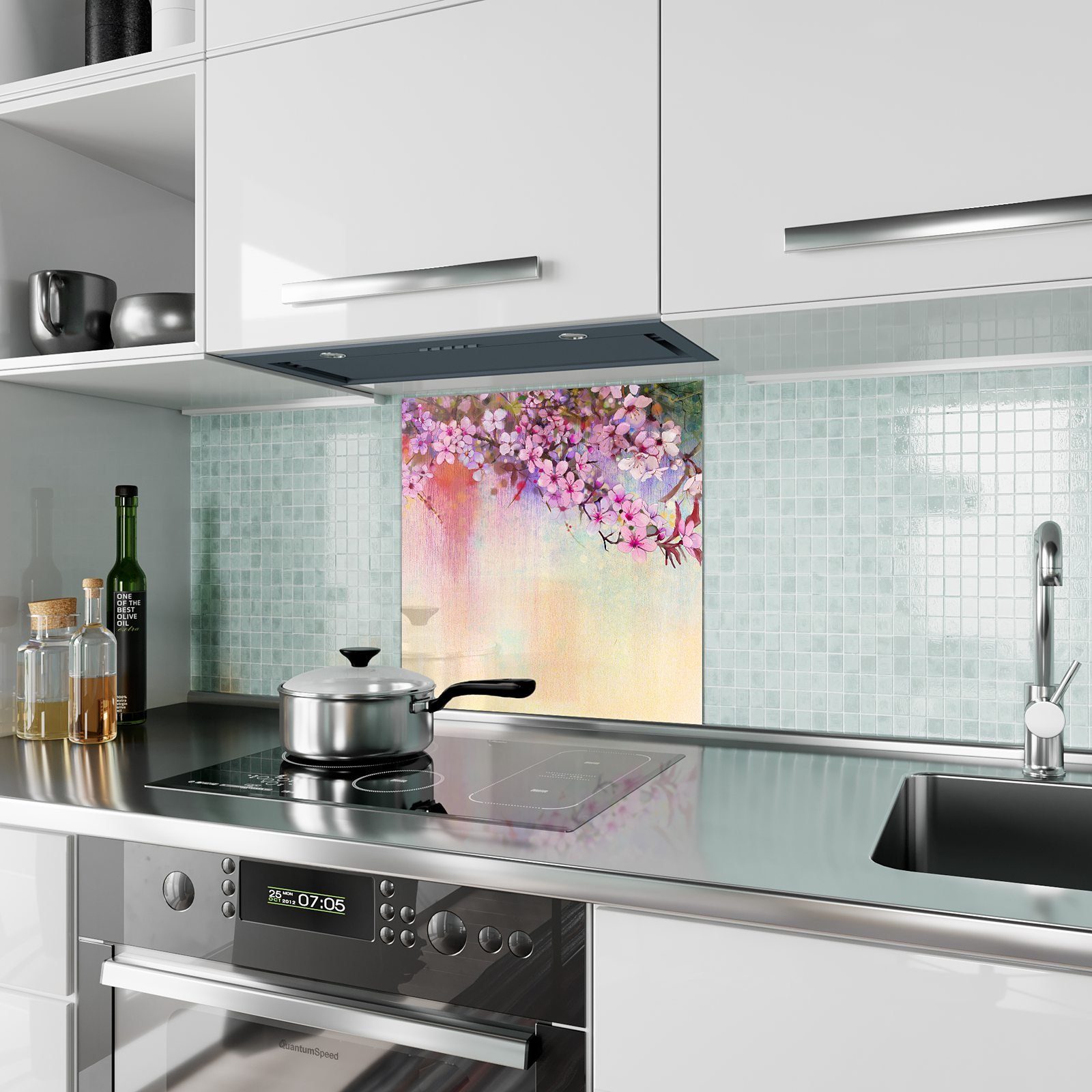 mit Primedeco Küchenrückwand Motiv Spritzschutz Glas Küchenrückwand Kirschblütenzweige