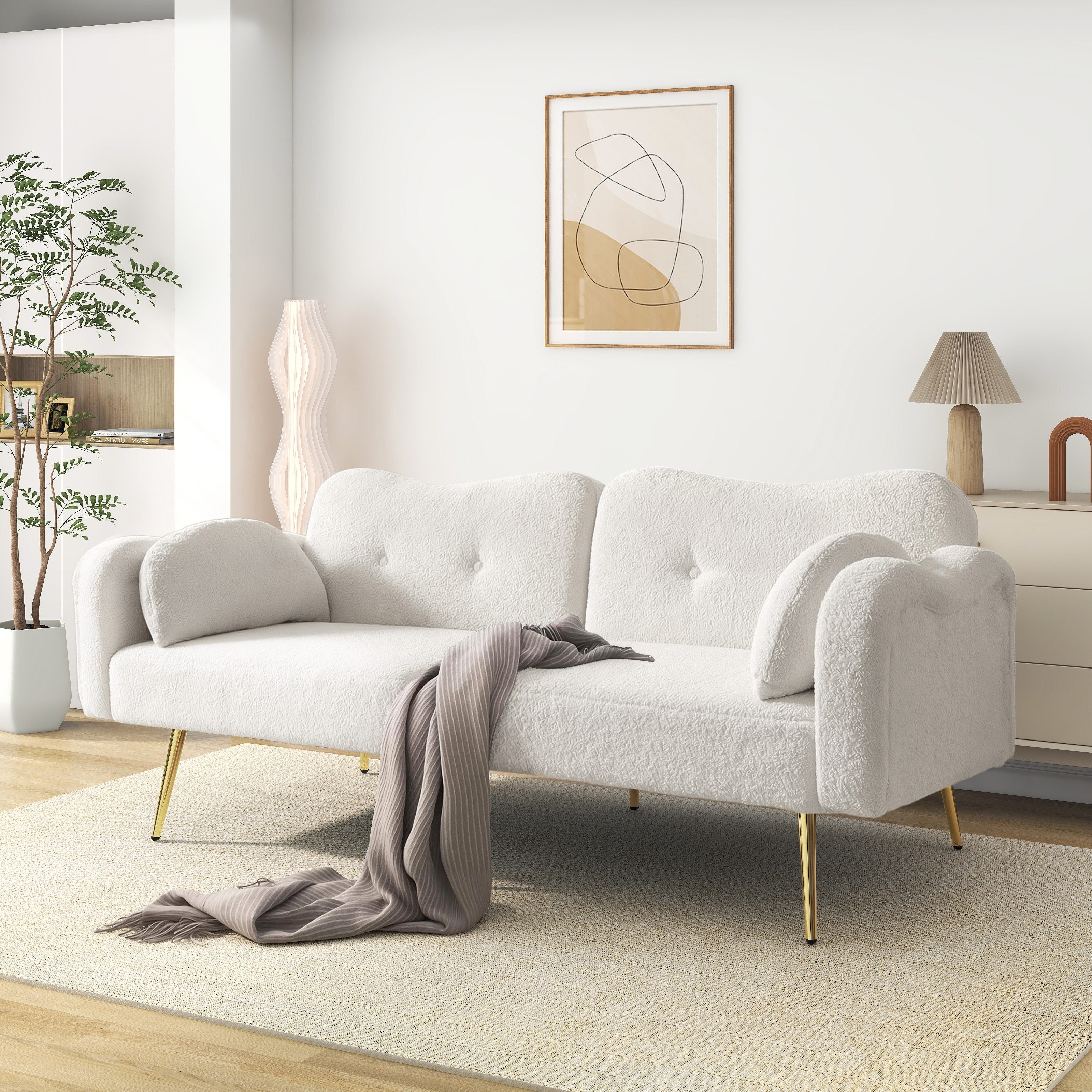 Merax Schlafsofa Bettsofa Klappsofa mit Wolkenform & Schlaffunktion, Couch Gästebett, 175x79x82cm 1 Teile, Sofa mit 3-fach verstellbarer Rückenlehne,6 Metallfüße,Lammwolloptik