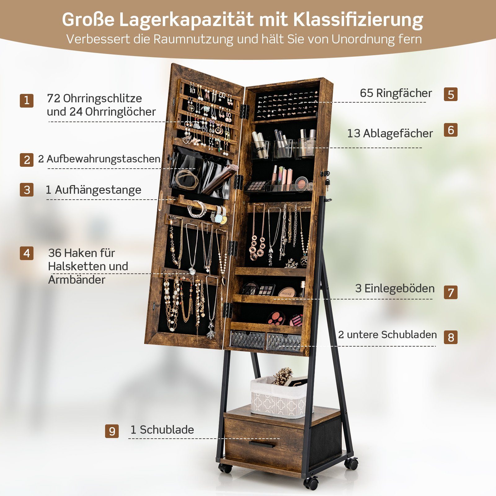 COSTWAY Schmuckschrank mit Spiegel, Schublade, stehend, abschließbar, rollbar