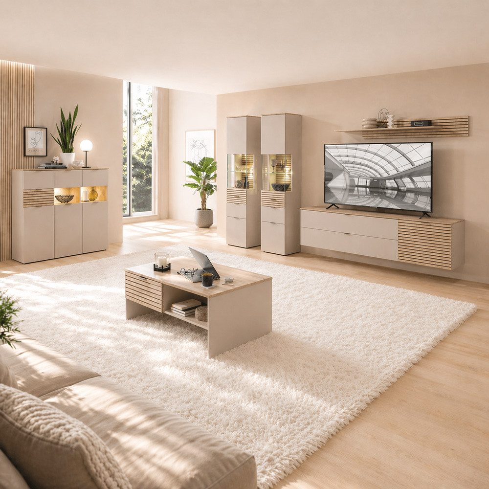 Lomadox Wohnzimmer-Set ISCHIA-36, (Mega-Spar-Set, 7-St., Highboard Vitrinen Lowboards Wandregal Couchtisch), in Beige mit Eiche, inkl. Beleuchtung, Lamellenoptik