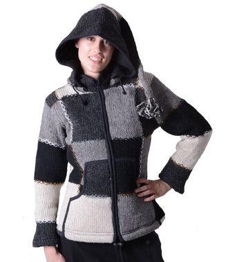 KUNST UND MAGIE Kapuzenstrickjacke Damen Wolljacke Hippie Strick+Fleecefutter und Zipfelkapuze Patchwork