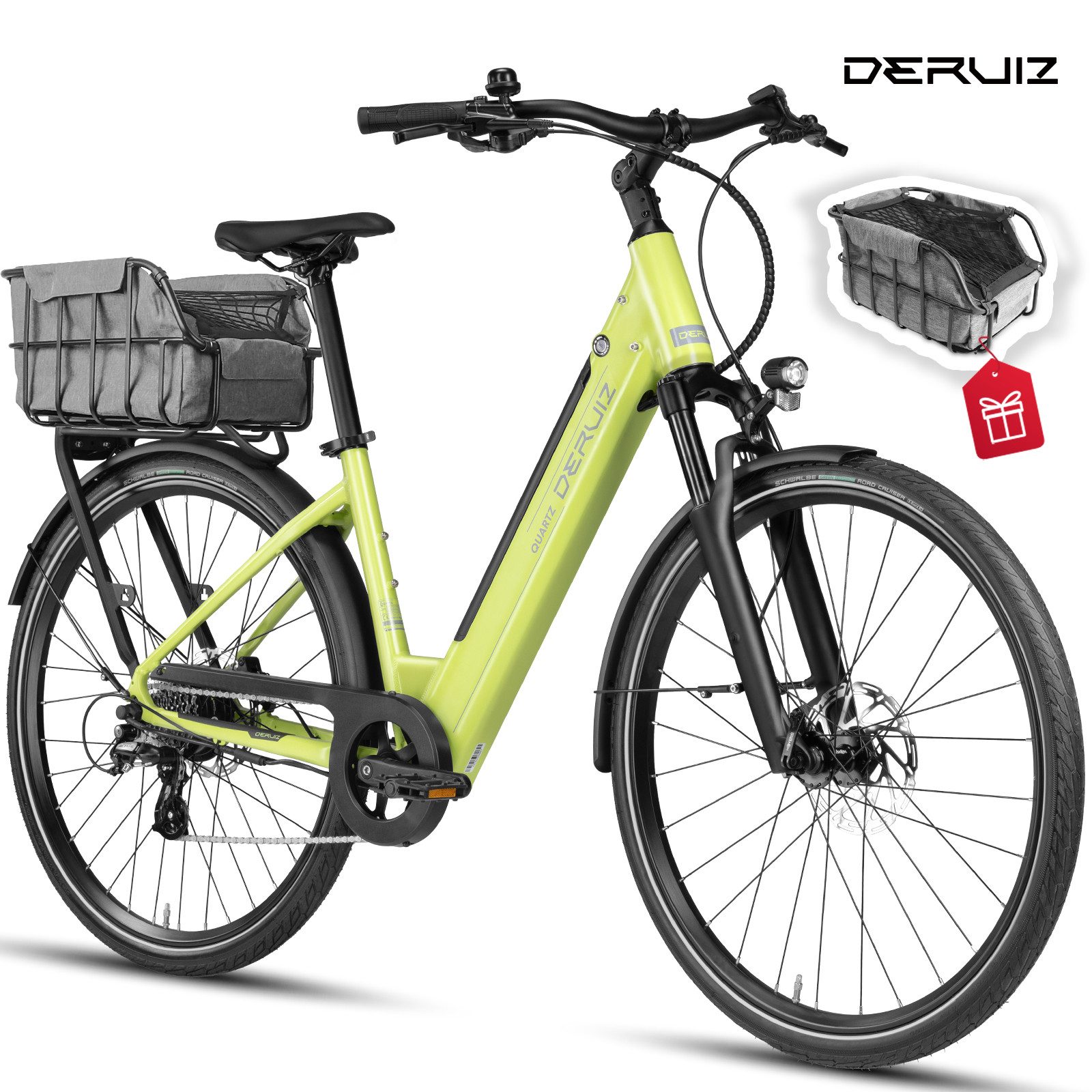 DERUIZ E-Bike 28 Zoll Quartz /Quartz SUV 644 Wh, 161 km, Drehmomentsensor, 8 Gang Shimano, Kettenschaltung, Heckmotor, 644 Wh, (Federgabel mit Lockout, Drehmomentsensor, Farb-LCD-Display)