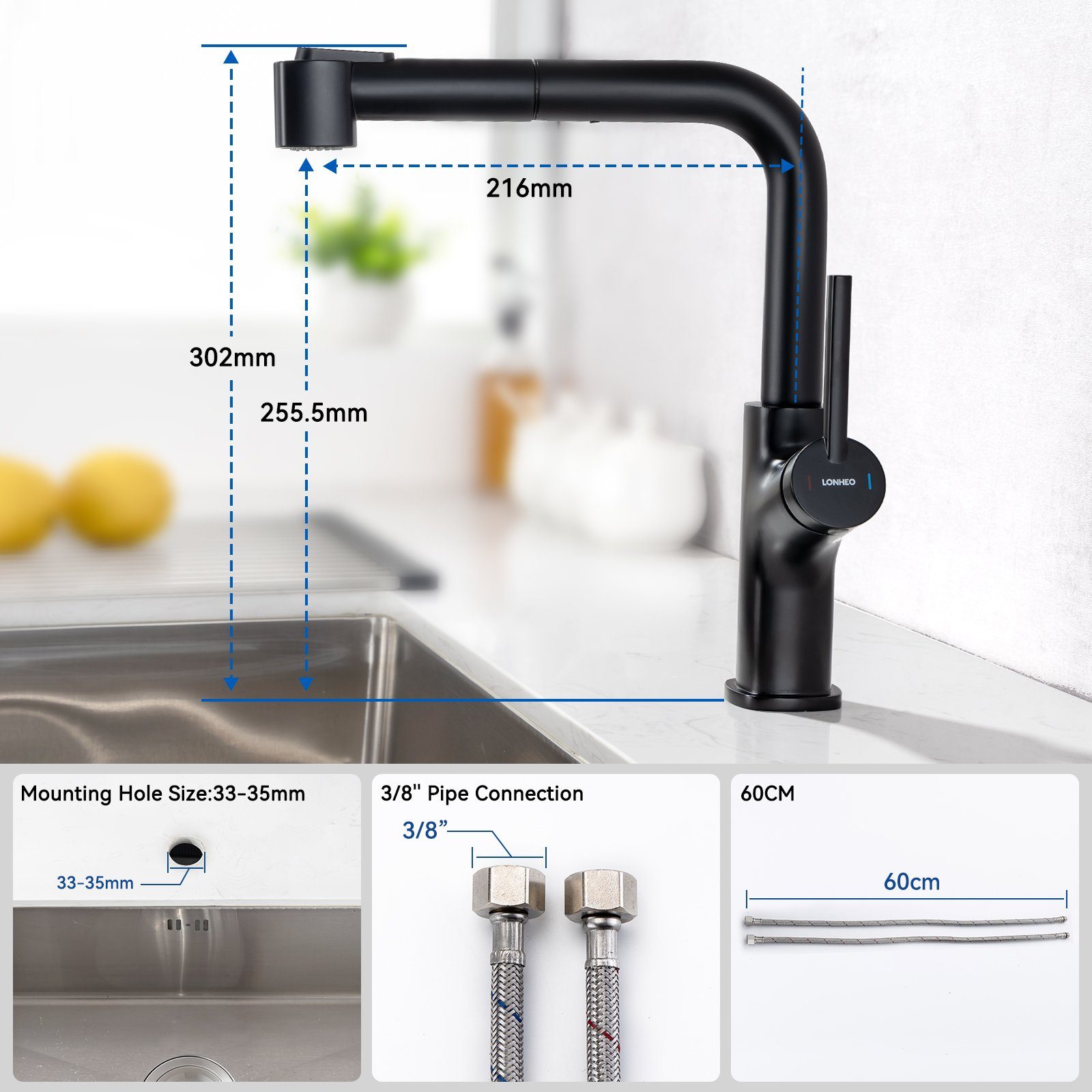 Ausziehbar Wasserhahn mit Küche Küchenarmatur Lonheo Mischbatterie 360° Armatur Spültischarmatur Schwarz für Einhandmischer Brause