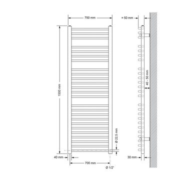 LuxeBath Elektrischer Badheizkörper Designheizkörper Sahara Handtuchwärmer Handtuchtrockner, Heizstab 900W Weiß 750x1500mm gebogen mit Seitenanschluss