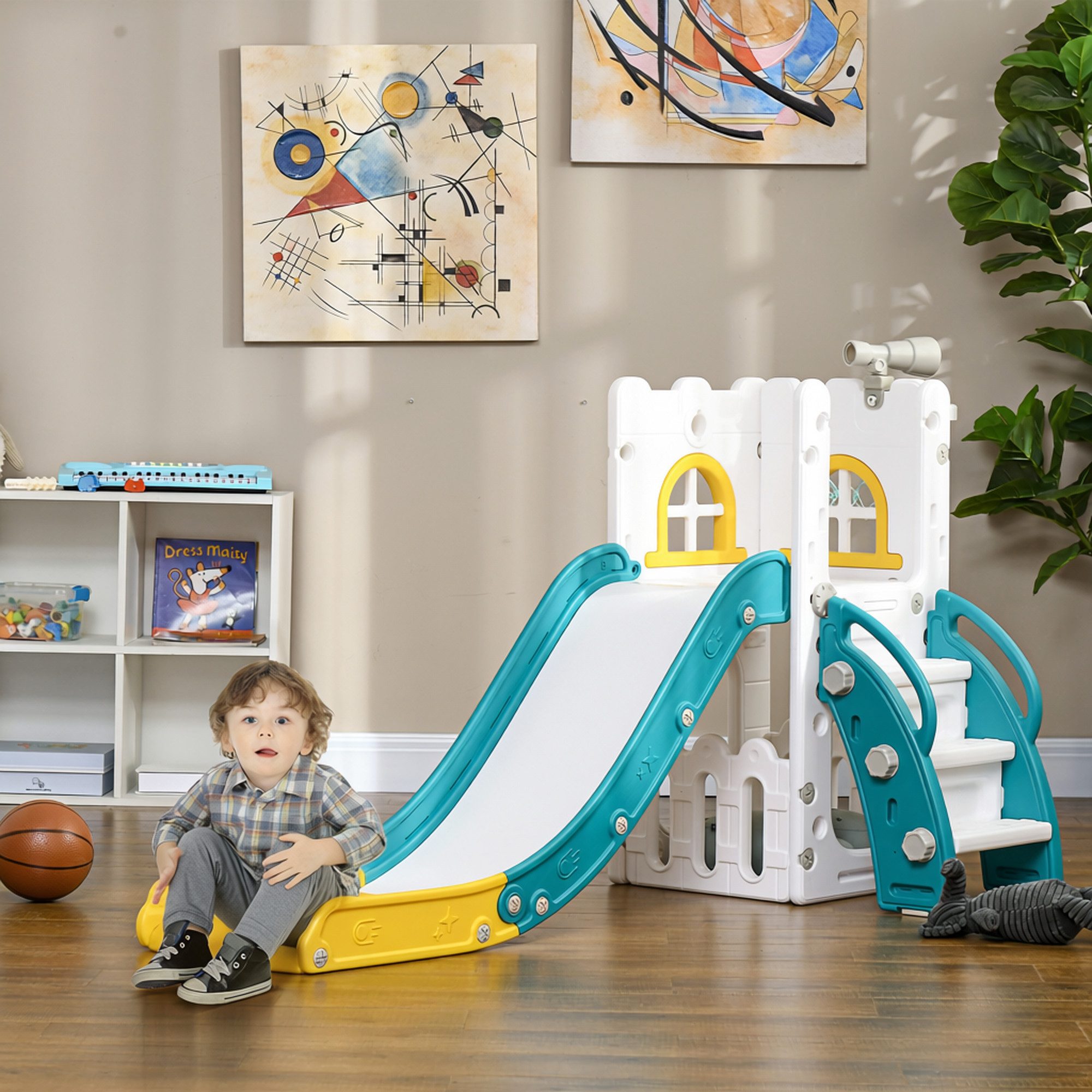 AIYAPLAY Rutsche Kinder 7-in-1 Klettergerüst mit Basketballkorb, (Kleinkinderrutsche, 1-tlg., 5 in 1 Kinderrutsche), für Kinder 1-3 Jahre, Indoor, Gelb 70 x 177 – Bild 2 von 5