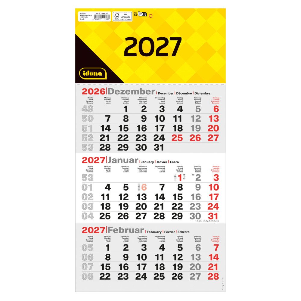 Idena Monatskalender 3-Monatskalender 2027 - 24 x 45 cm