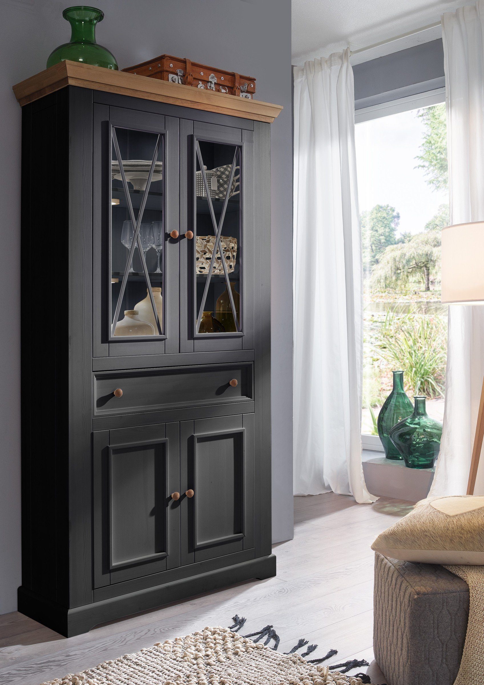 Lebenswert Vitrine WZ-0133 (BxHxT: 109x208x42 cm) aus Kiefer in grau mit einer Schublade und 4 Türen