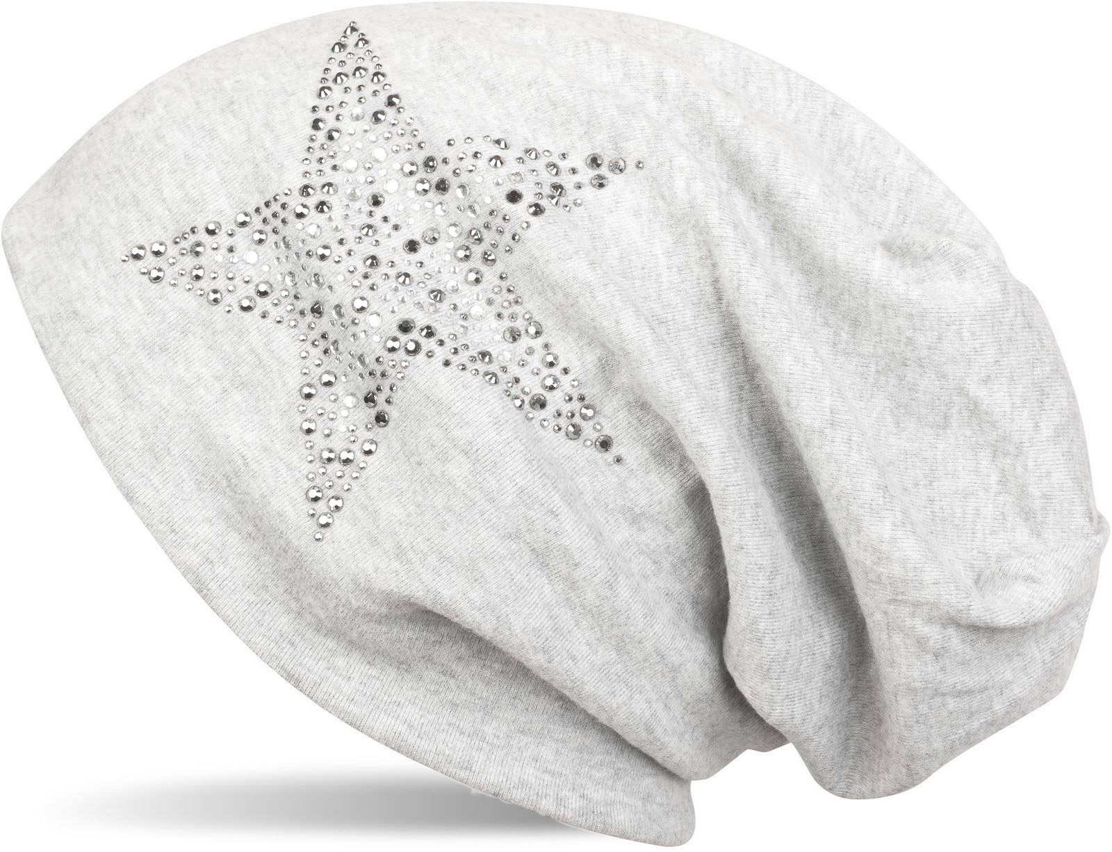 styleBREAKER Beanie (1-St) Beanie Mütze mit Strass Nieten Stern Hellgrau meliert