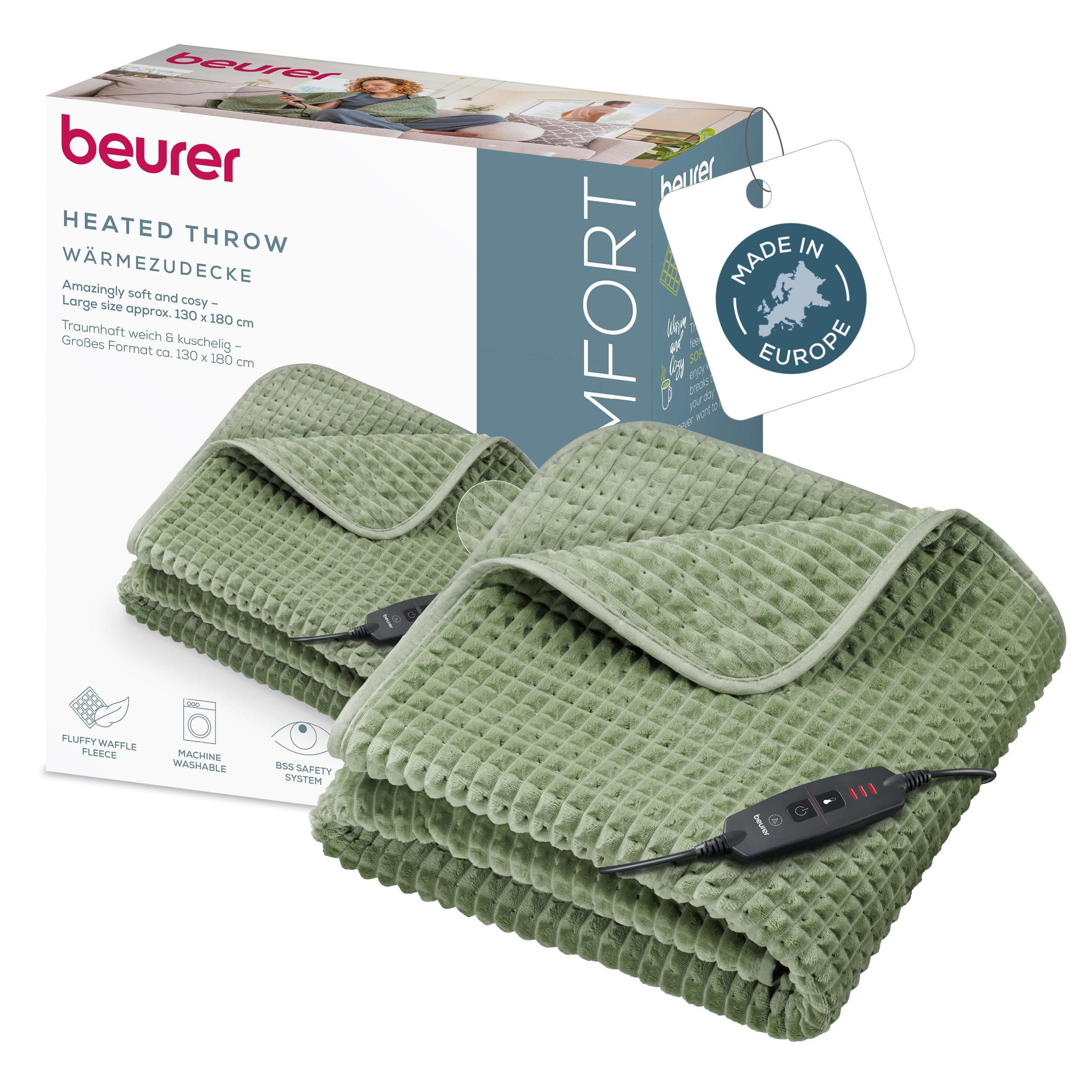 BEURER Heizdecke HD 72 Waffle Sage Green mit 3 Temperaturstufen, Voluminöser Effekt und elegantes Design durch Waffelstruktur