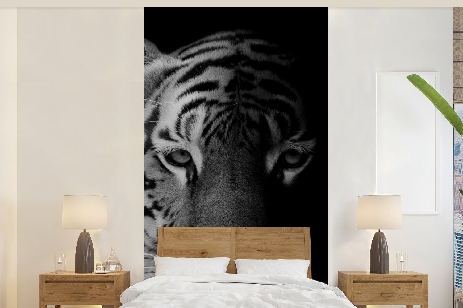 bedruckt, Küche, Weiß, Tiere MuchoWow Matt, Vliestapete - (2 Schwarz St), Fototapete Schlafzimmer Fototapete Tiger - - Wohnzimmer für - Wild
