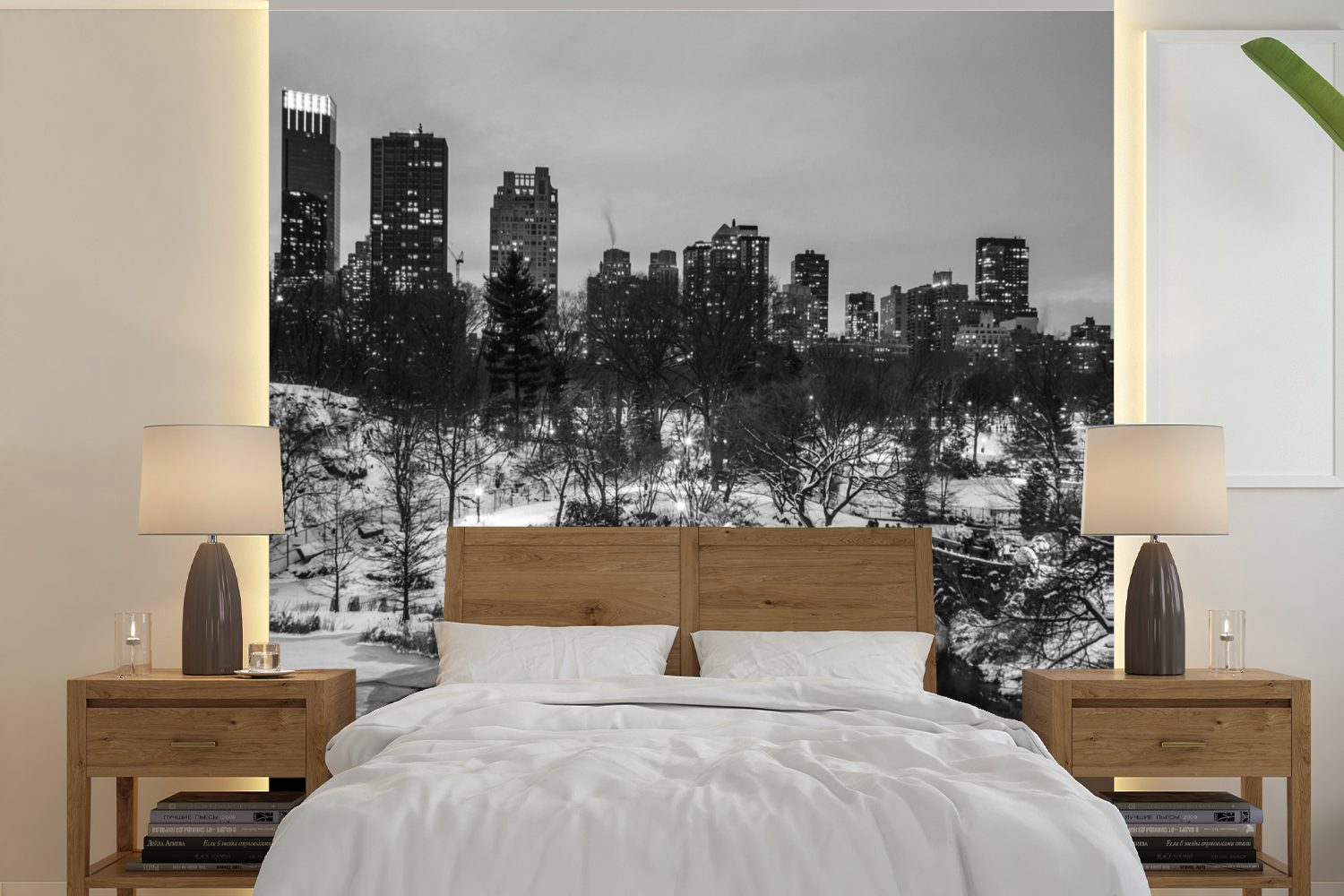 MuchoWow Fototapete Winter im Central Park, New York - schwarz und weiß, Matt, bedruckt, (5 St), Vinyl Tapete für Wohnzimmer oder Schlafzimmer, Wandtapete