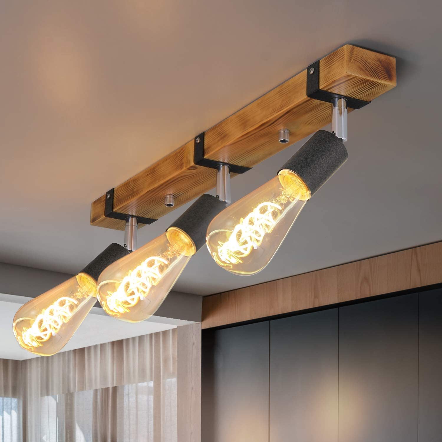 Nettlife Deckenstrahler Holz Wohnzimmer 3 flammig Vintage E27 55CM verstell günstig online kaufen