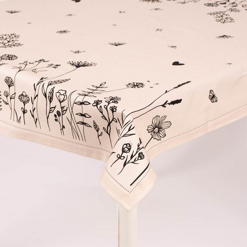 SCHÖNER LEBEN. Tischdecke Clayre & Eef Tischdecke Wiesenblumen beige  schwarz 150x250cm, Kuvertsaum