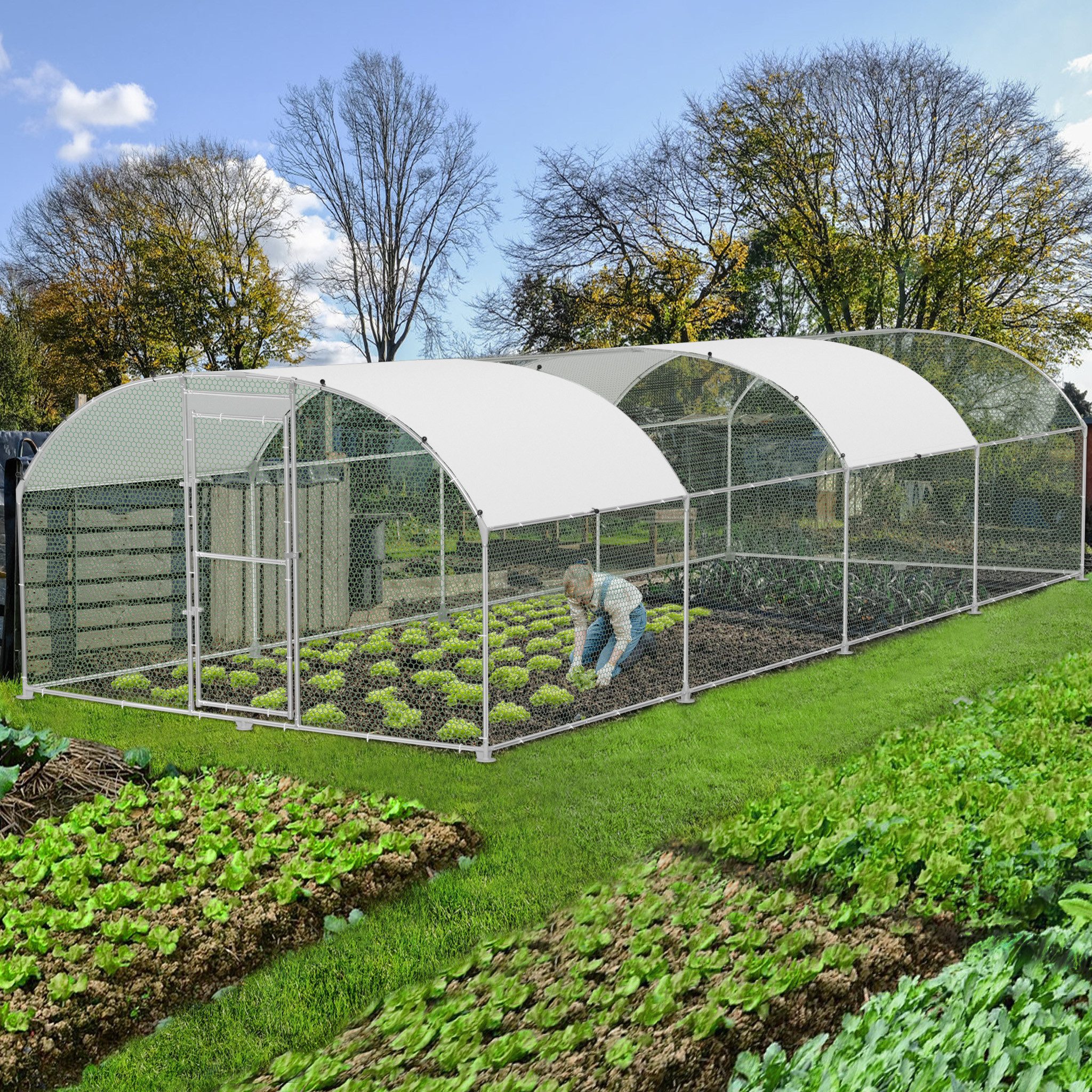 FIVMEN Hühnerstall Freilaufgehege Käfige Kleintierstall Verzinkter Stahl mit PE Dach, Hühnerkäfig Geflügelstall Voliere mit Schloss Kuppeldach Geflügelstall