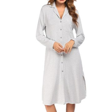 ZWY Hausanzug Langarm-Kleid mit gestreiftem Nachthemd und Knopfleiste (1 tlg)