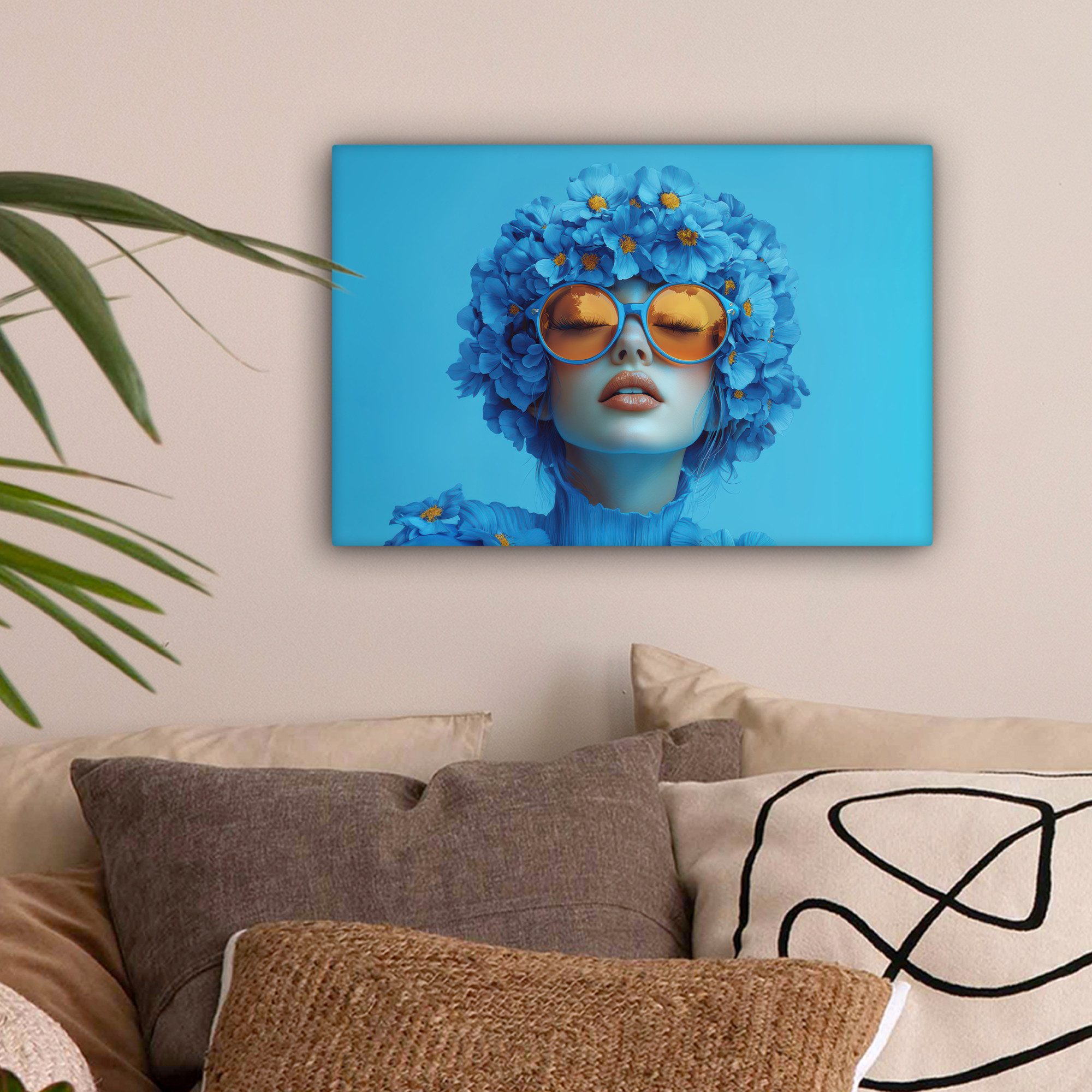 OneMillionCanvasses® Leinwandbild Frau - Blume - Blau - Modern - Brille - P günstig online kaufen