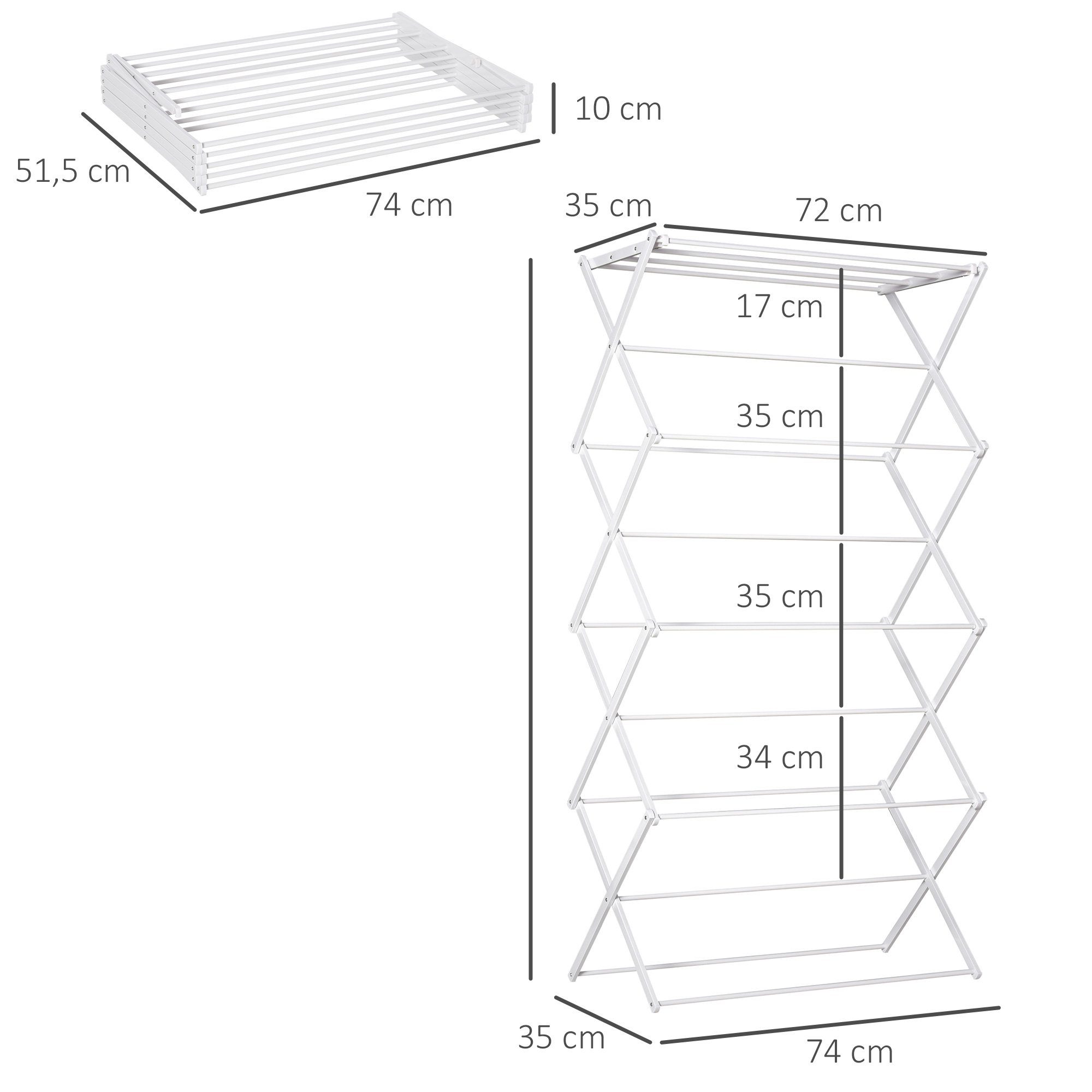 HOMCOM Wäscheständer faltbar 8-stufiger Trockengestell, Metall Kunststoff Weiß 74 x 35 x 144 cm