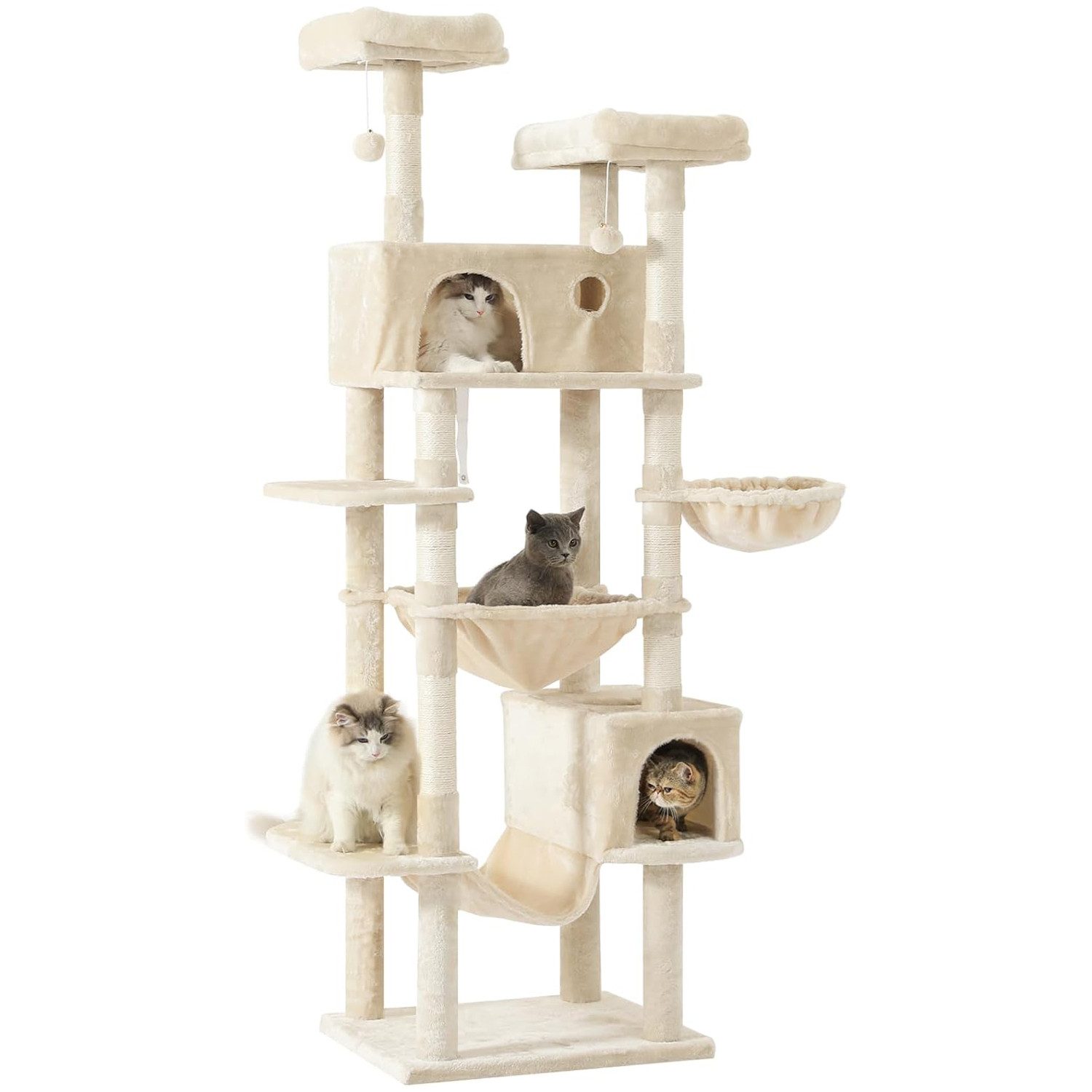 MSMASK Kratzbaum groß XXL, katzenbaum mit 2 Höhlen, 2 Plattformen und Hängematte, katzenbaum mit Mehreren Ebenen, katzenkratzbaum deckenhoch 193cm