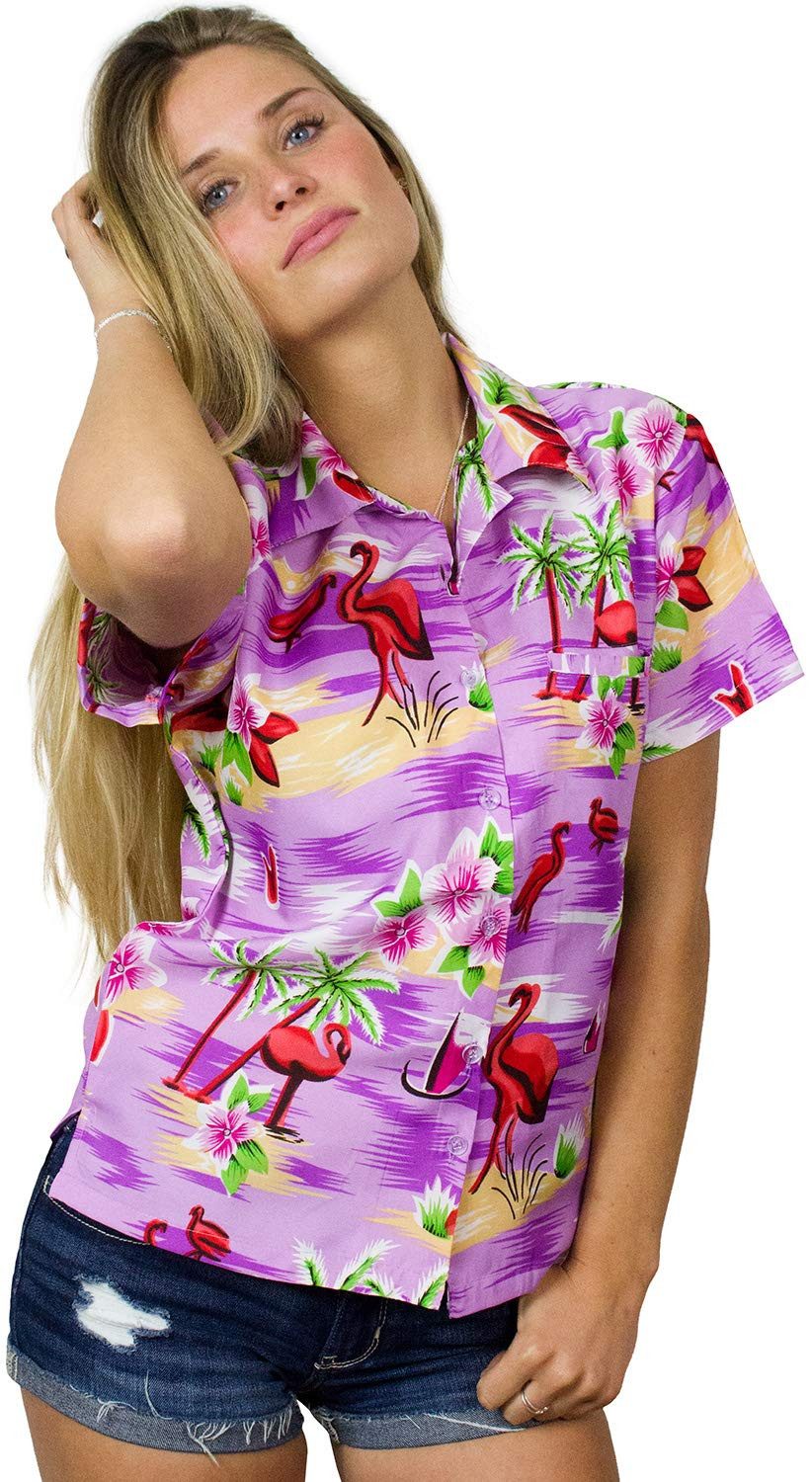 King Kameha Hawaiihemd Flamingos Funky Hawaiibluse Damen Kurzarm Front-Tasche Stylish