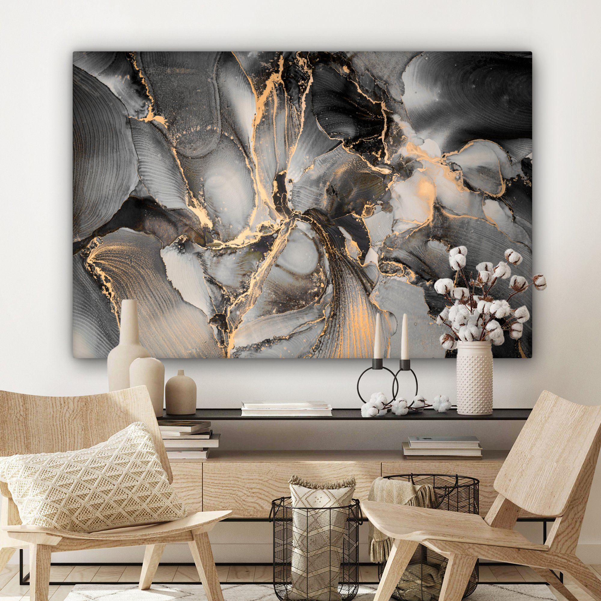 120x80 Luxus - cm Leinwandbild alle für Gemälde, St), - Wandbild OneMillionCanvasses® großes, Marmor, Gold Grau XXL, - (1 Wohnbereiche,