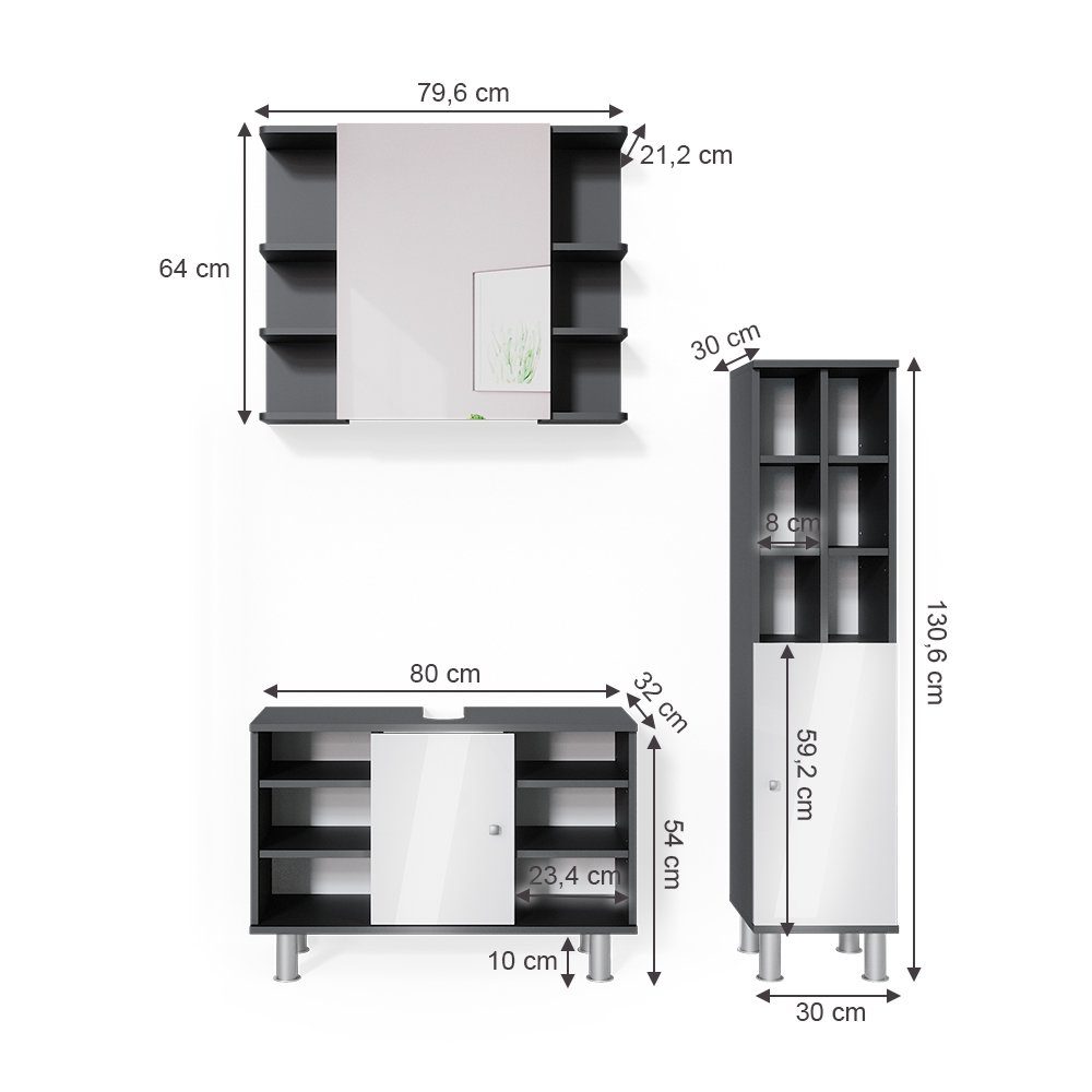 Vicco Badmöbel-Set Fynn, Anthrazit/Weiß, 3 Teile, mit Midischrank Tür groß, (3-er Set, 3-St., 3er Set)